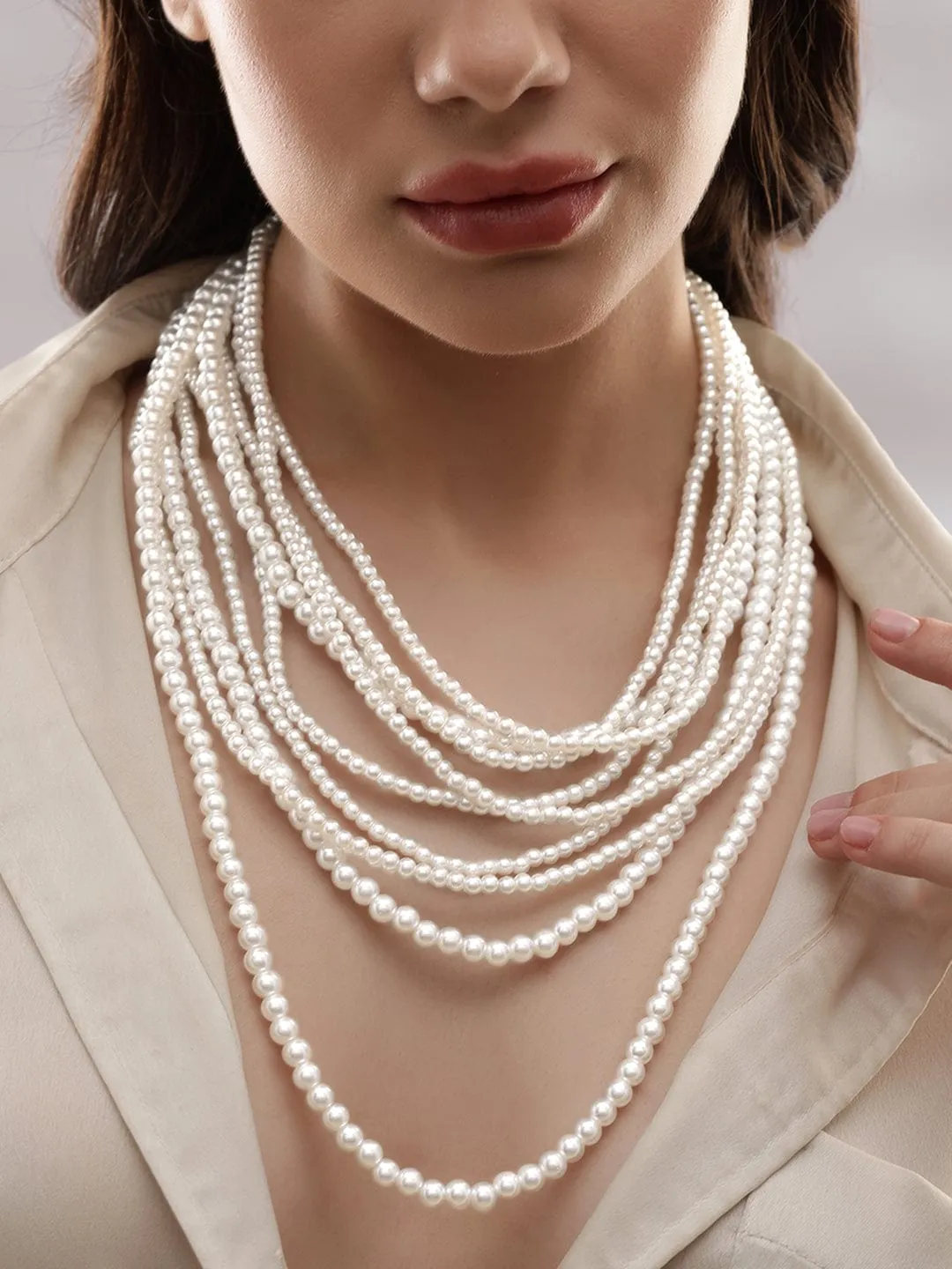 Rubans Cream Pearl Beaded Multilayer Statement Layer Necklace