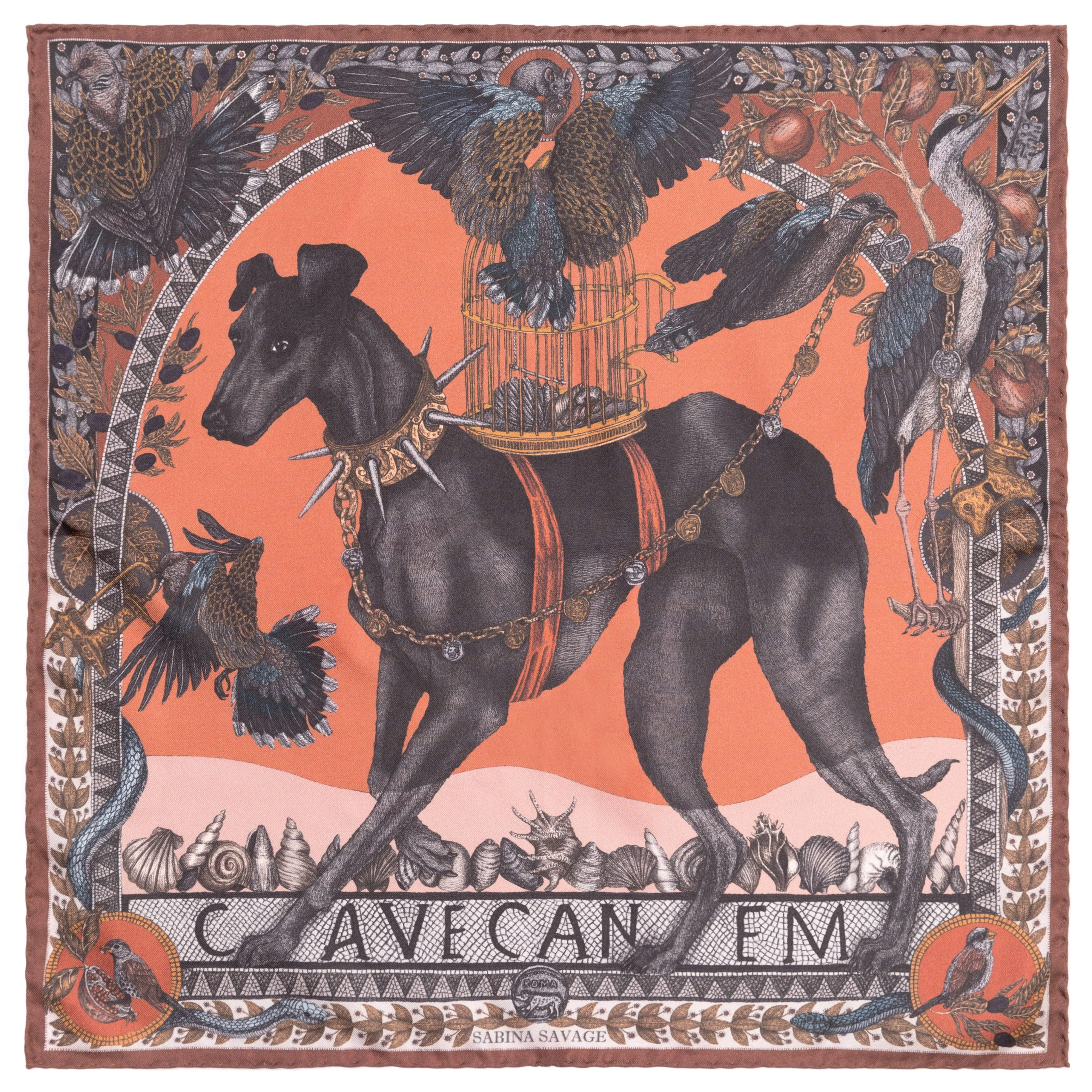 Sabina Savage "Cave Canem - The Treasures of Pompeii"  Silk Twill Terracotta/carmine  42cm Square Scarf