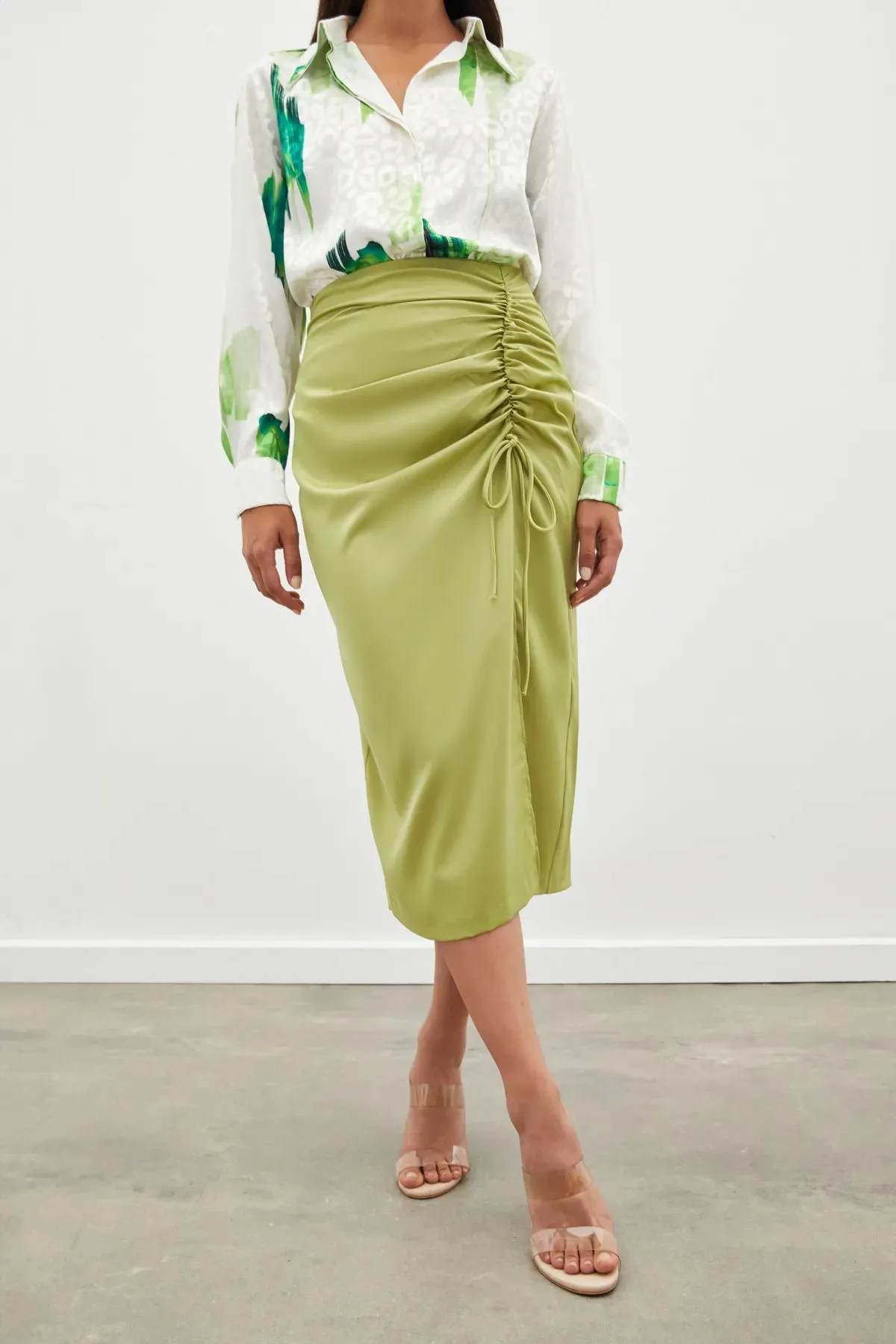 Satin Skirt with Gathered Detail - OIL GREEN