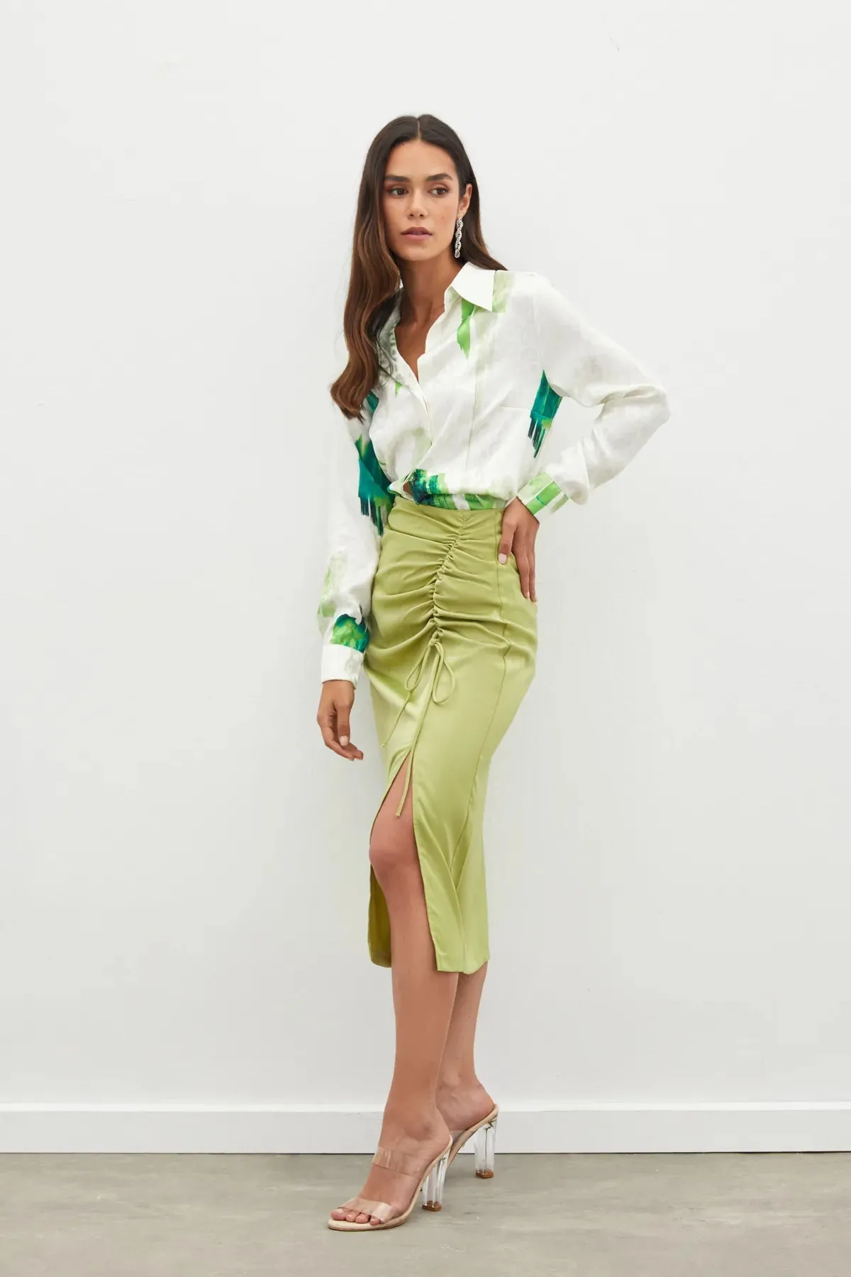 Satin Skirt with Gathered Detail - OIL GREEN