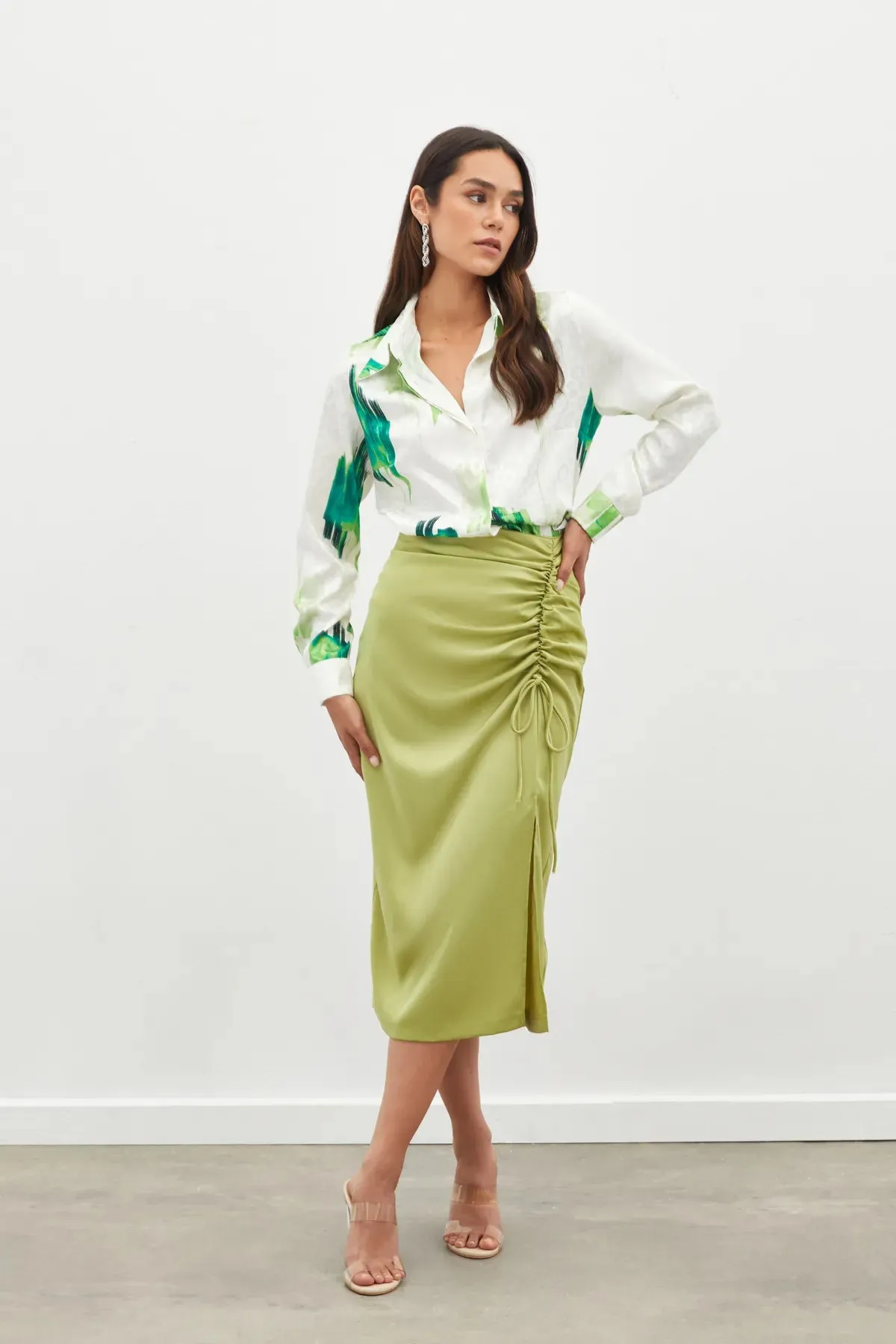 Satin Skirt with Gathered Detail - OIL GREEN