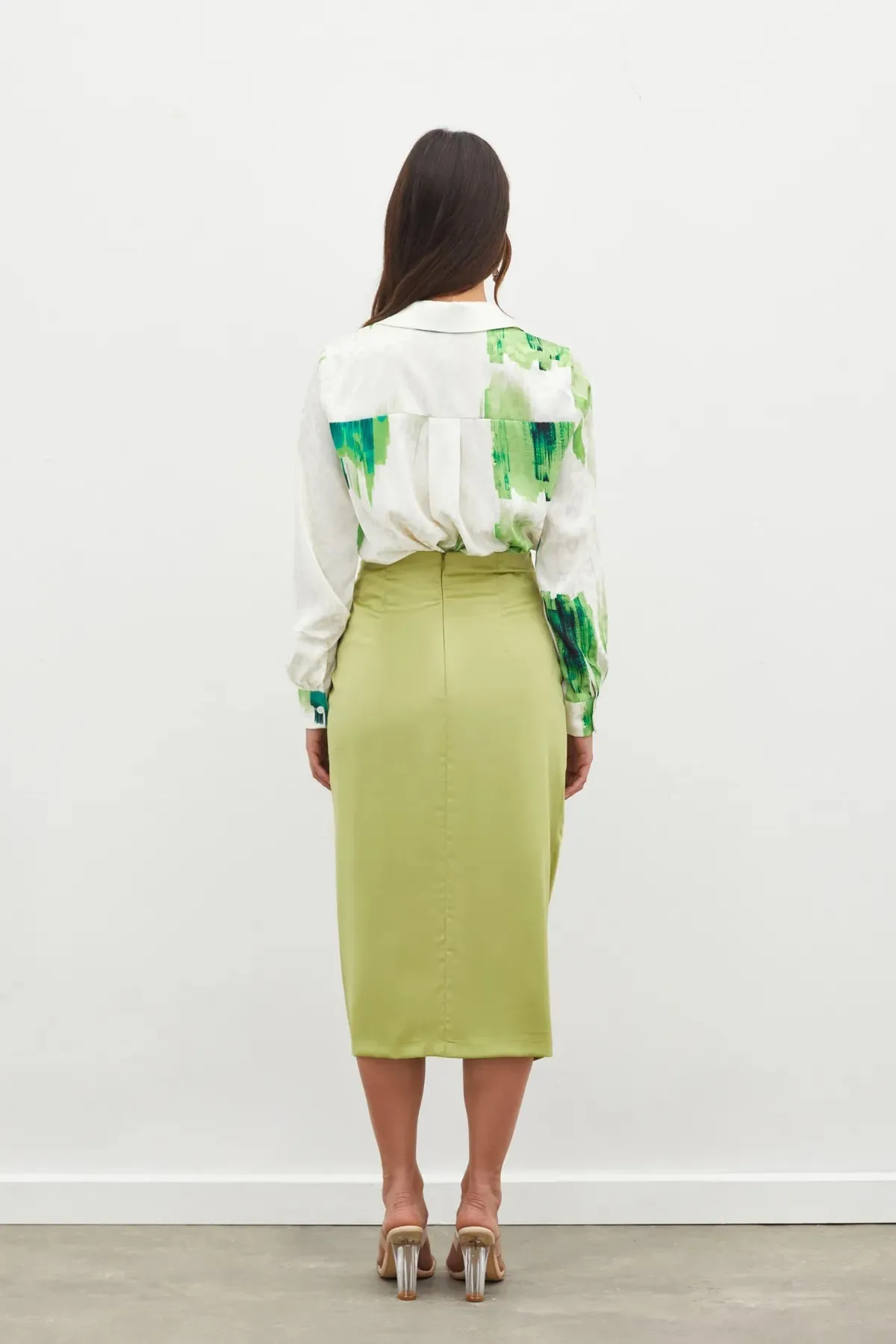 Satin Skirt with Gathered Detail - OIL GREEN