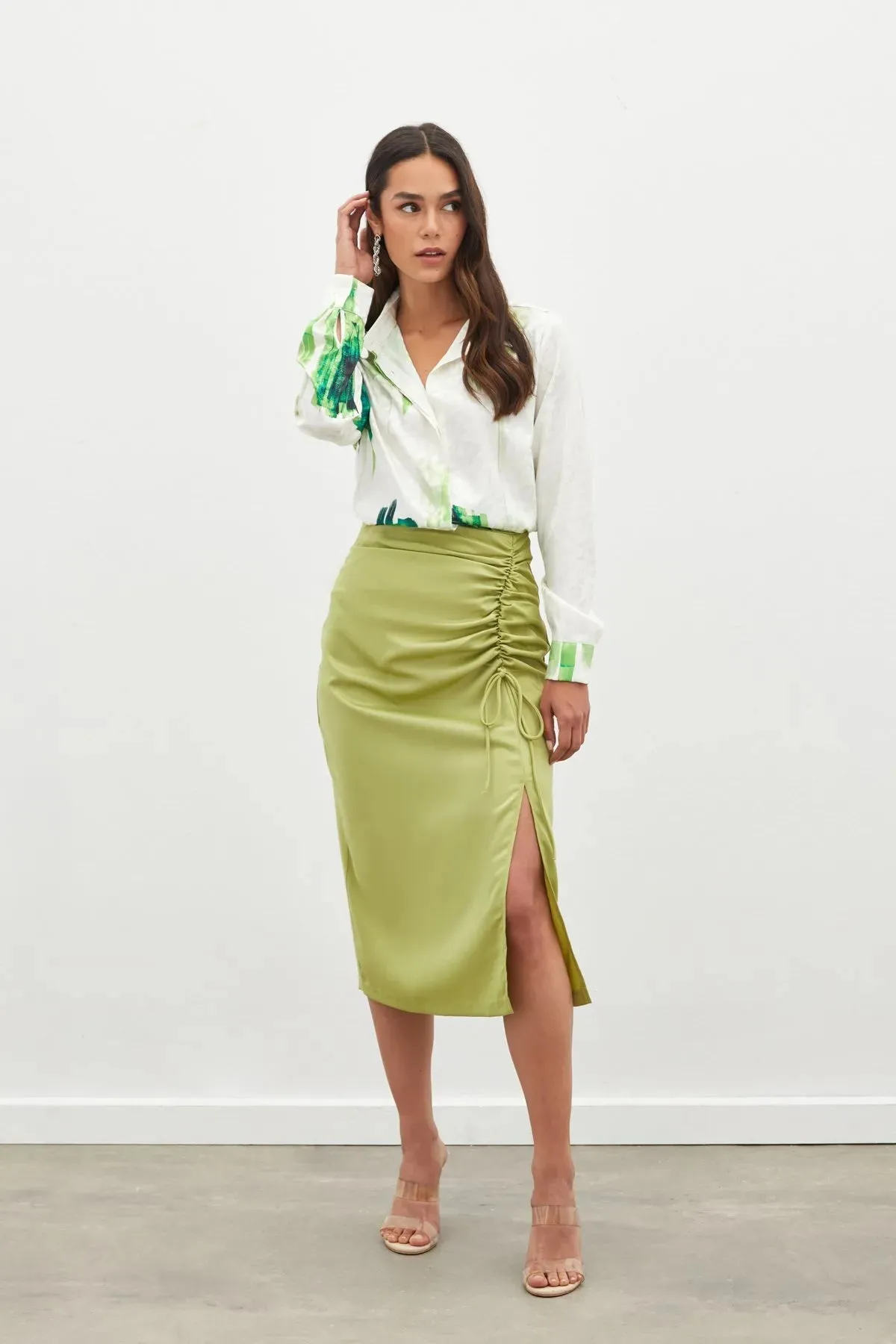 Satin Skirt with Gathered Detail - OIL GREEN