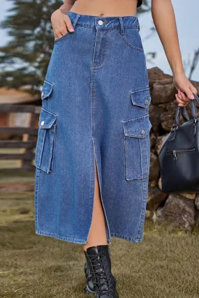 Slit Front Midi Denim Skirt with Pockets