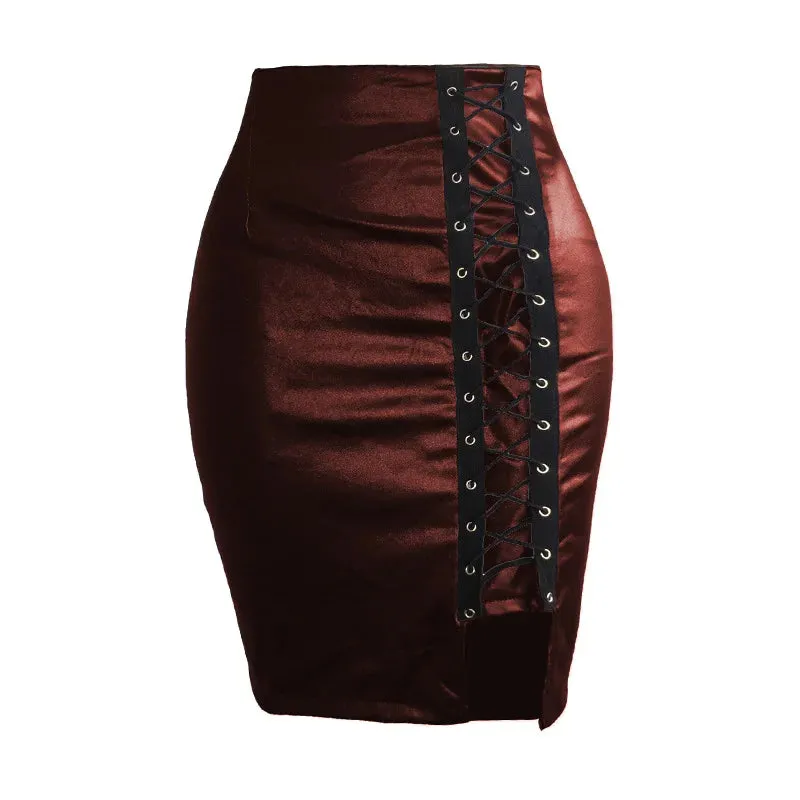 Spring Summer Women Side Split Pencil Skirts Black Lace Up PU Leather Skirts Vintage Bodycon High Waist Mini Skirt