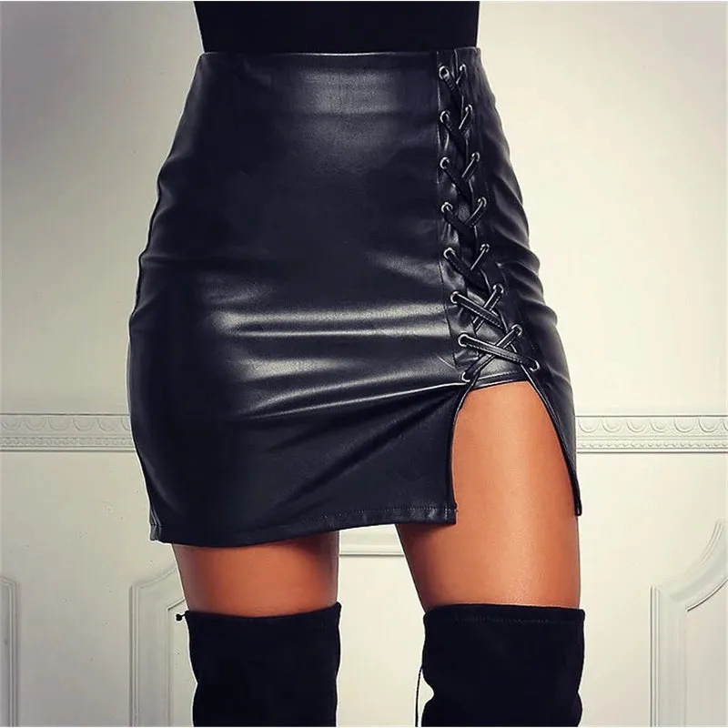 Spring Summer Women Side Split Pencil Skirts Black Lace Up PU Leather Skirts Vintage Bodycon High Waist Mini Skirt