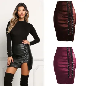 Spring Summer Women Side Split Pencil Skirts Black Lace Up PU Leather Skirts Vintage Bodycon High Waist Mini Skirt