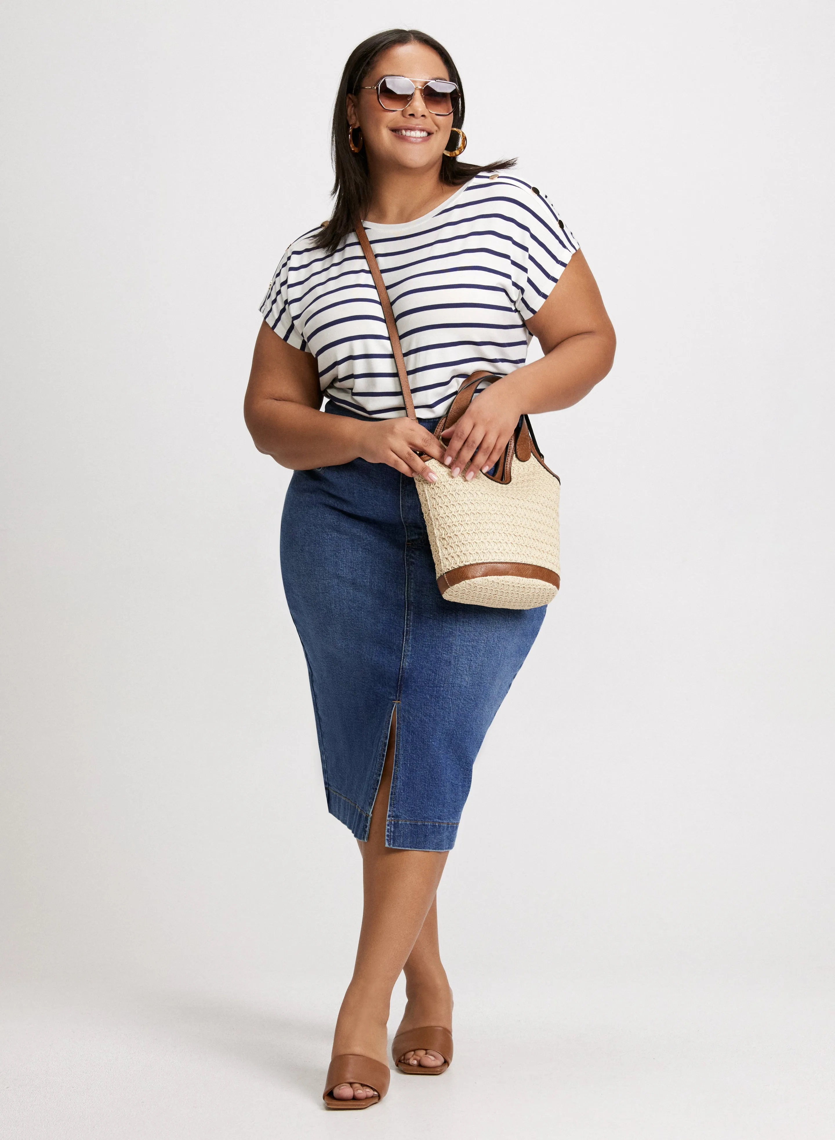 Striped T-Shirt & Denim Pencil Skirt