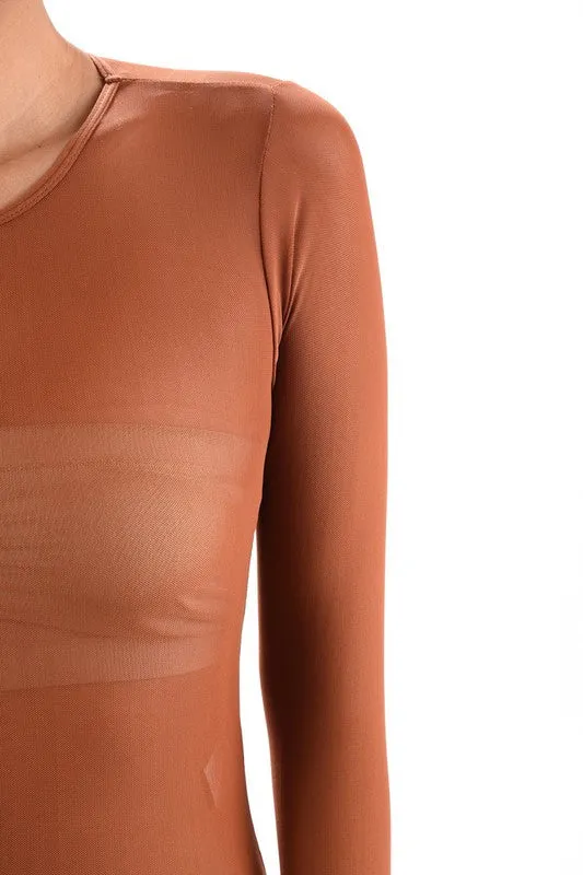 THE MYSTYLEMODE COPPER MESH ROUND NECK BODYSUIT