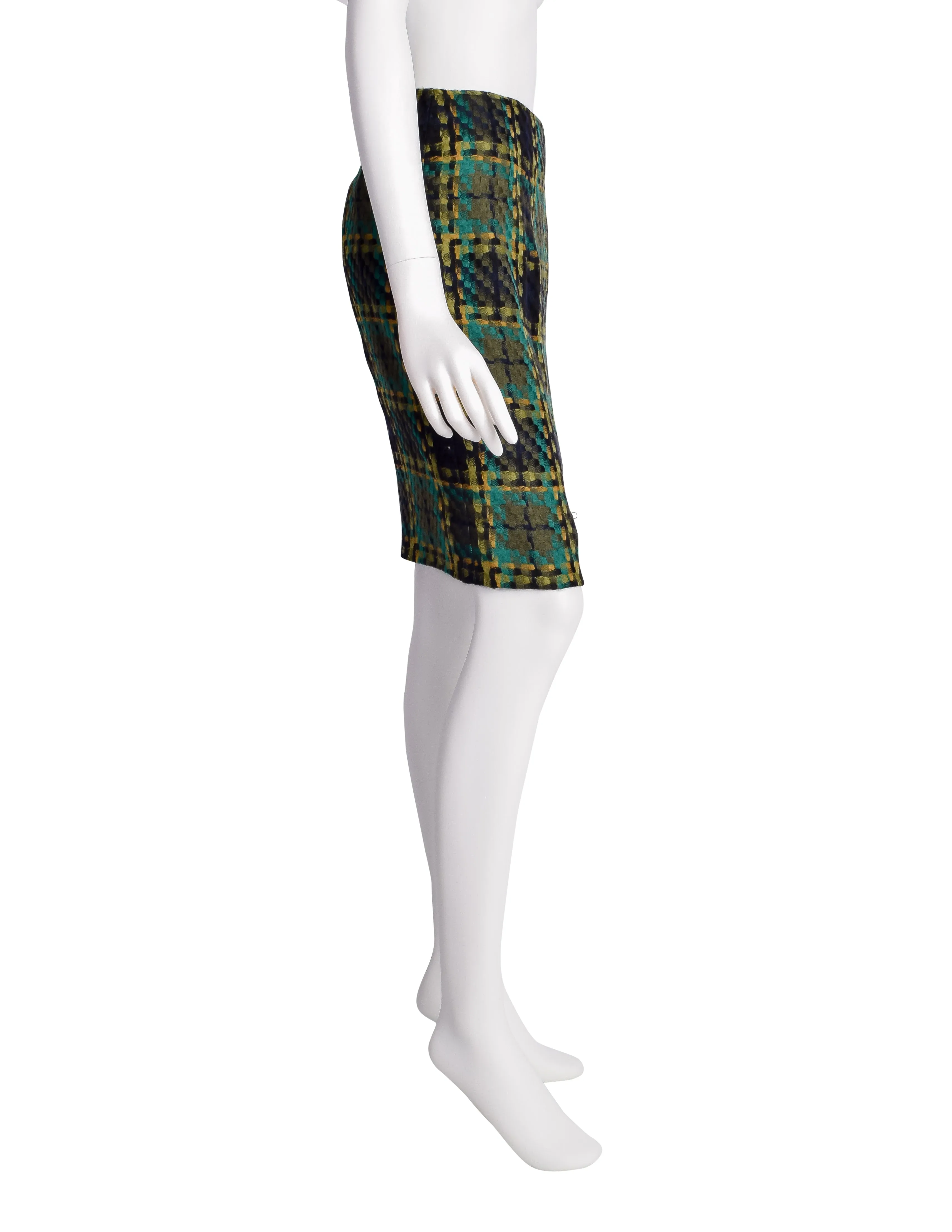 Todd Oldham Vintage AW 1996 Green and Yellow Plaid Woven Wool Pencil Skirt