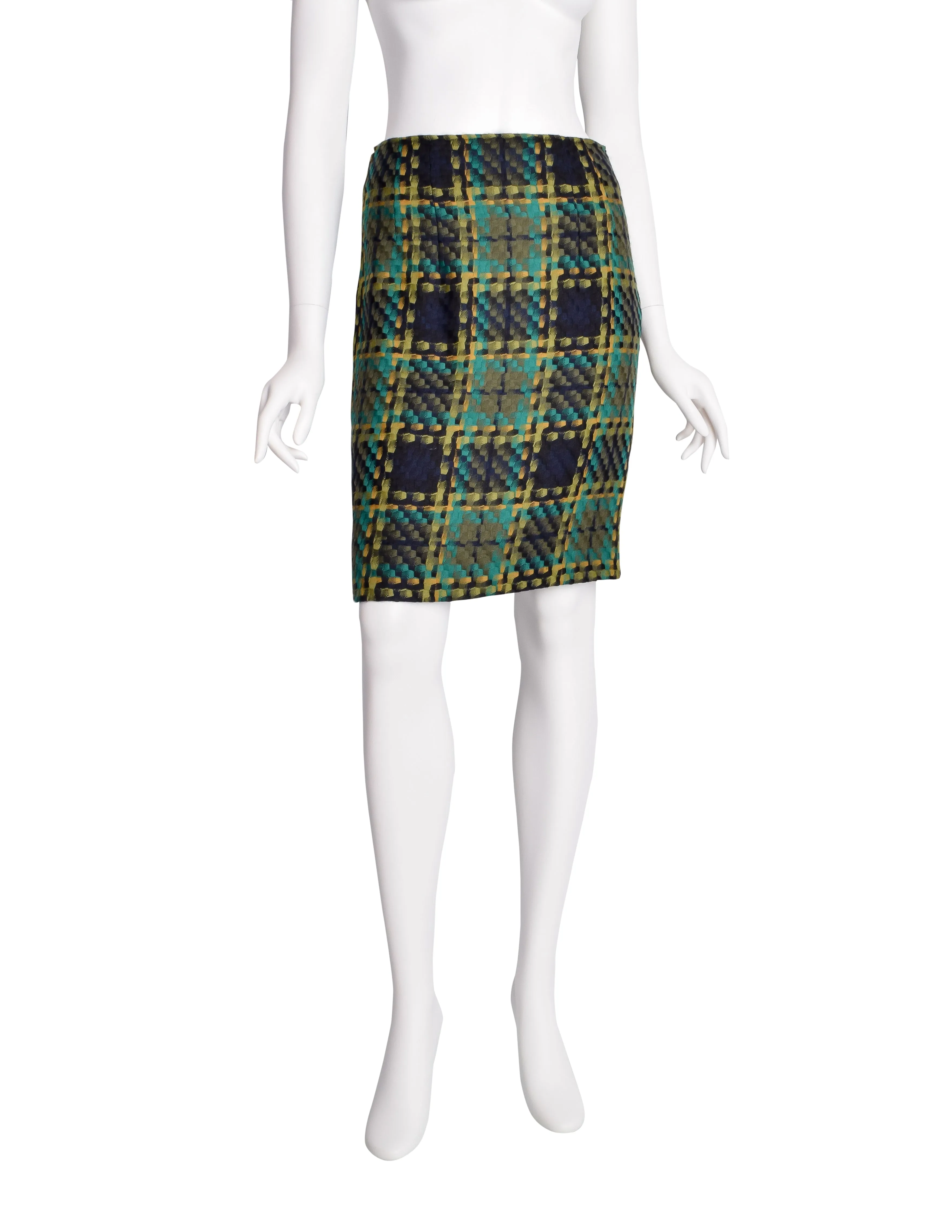 Todd Oldham Vintage AW 1996 Green and Yellow Plaid Woven Wool Pencil Skirt