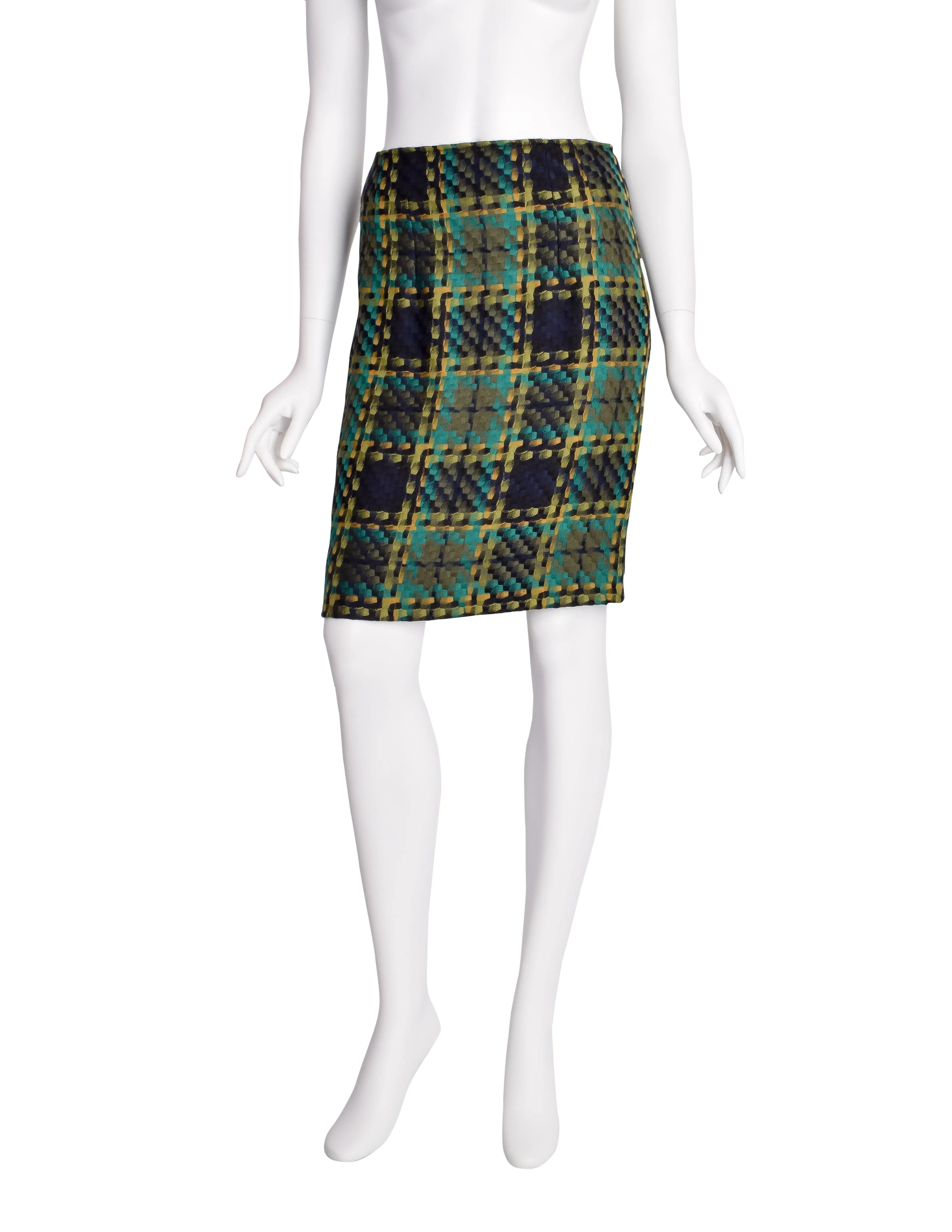 Todd Oldham Vintage AW 1996 Green and Yellow Plaid Woven Wool Pencil Skirt