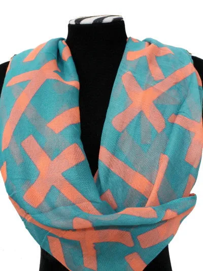 Turquoise with Coral Crosses Infinity Scarf