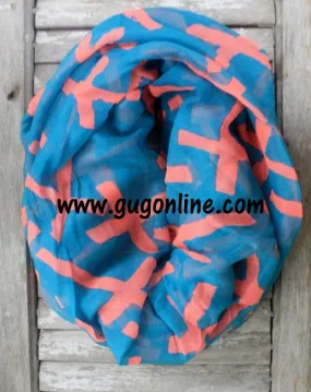 Turquoise with Coral Crosses Infinity Scarf