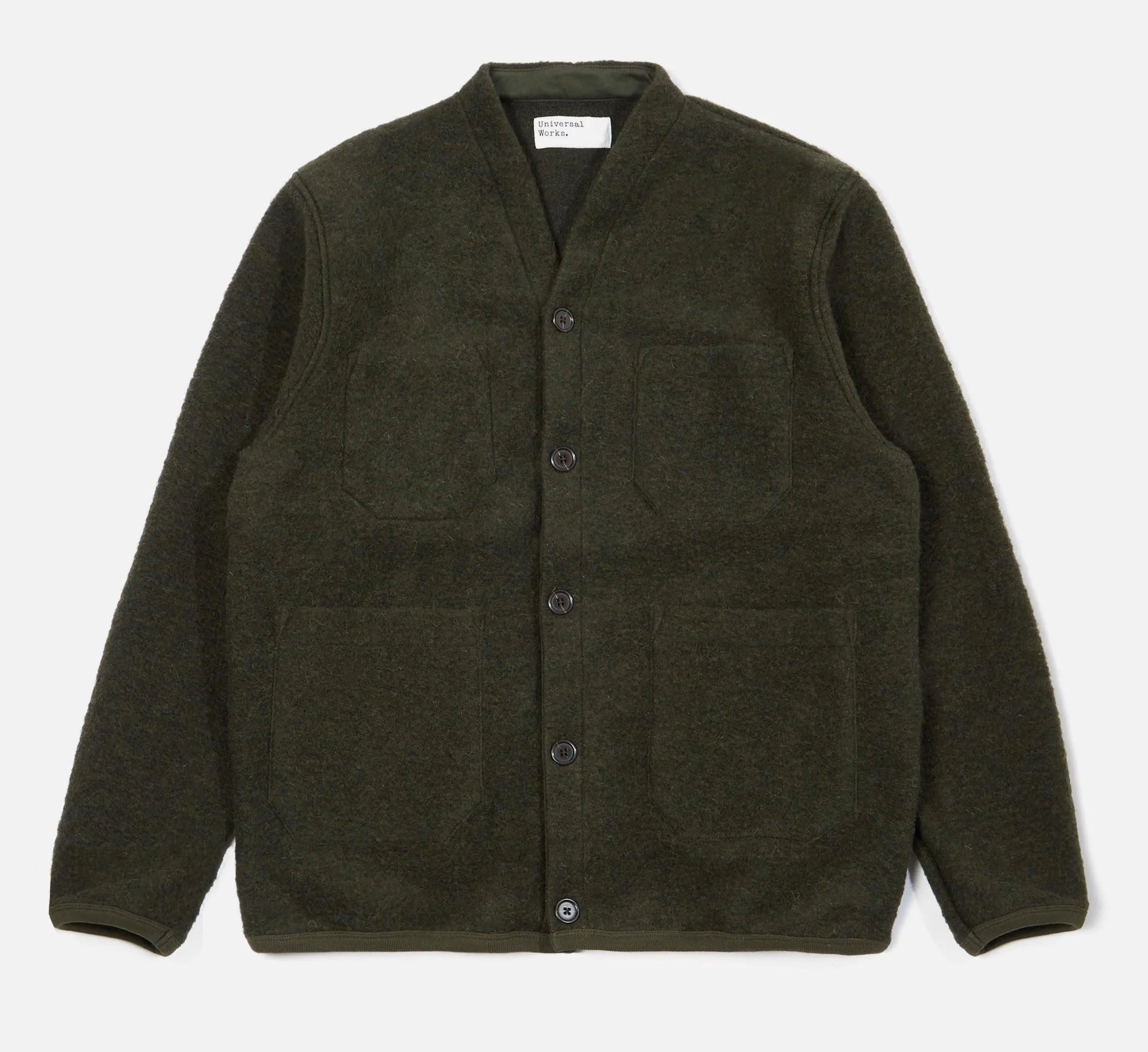 Universal Works - Cardigan In Olive Wool Fleece