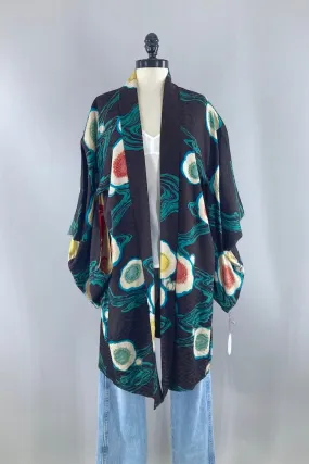 vintage 1930s Black and Aqua Silk Kimono Cardigan