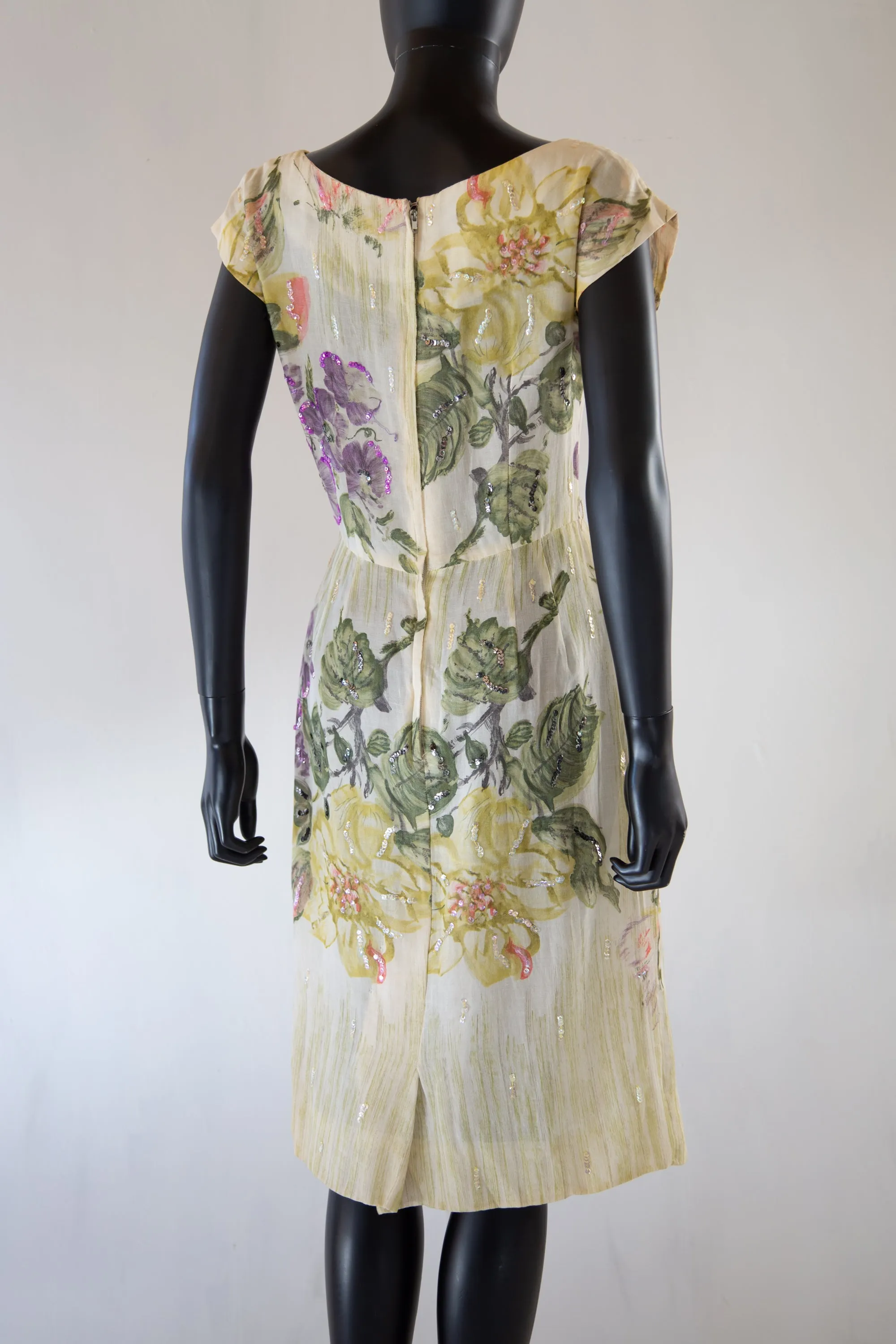 Vintage 1950s Cream Floral Voile Wiggle Dress