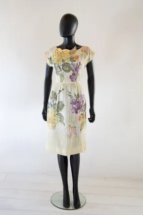 Vintage 1950s Cream Floral Voile Wiggle Dress