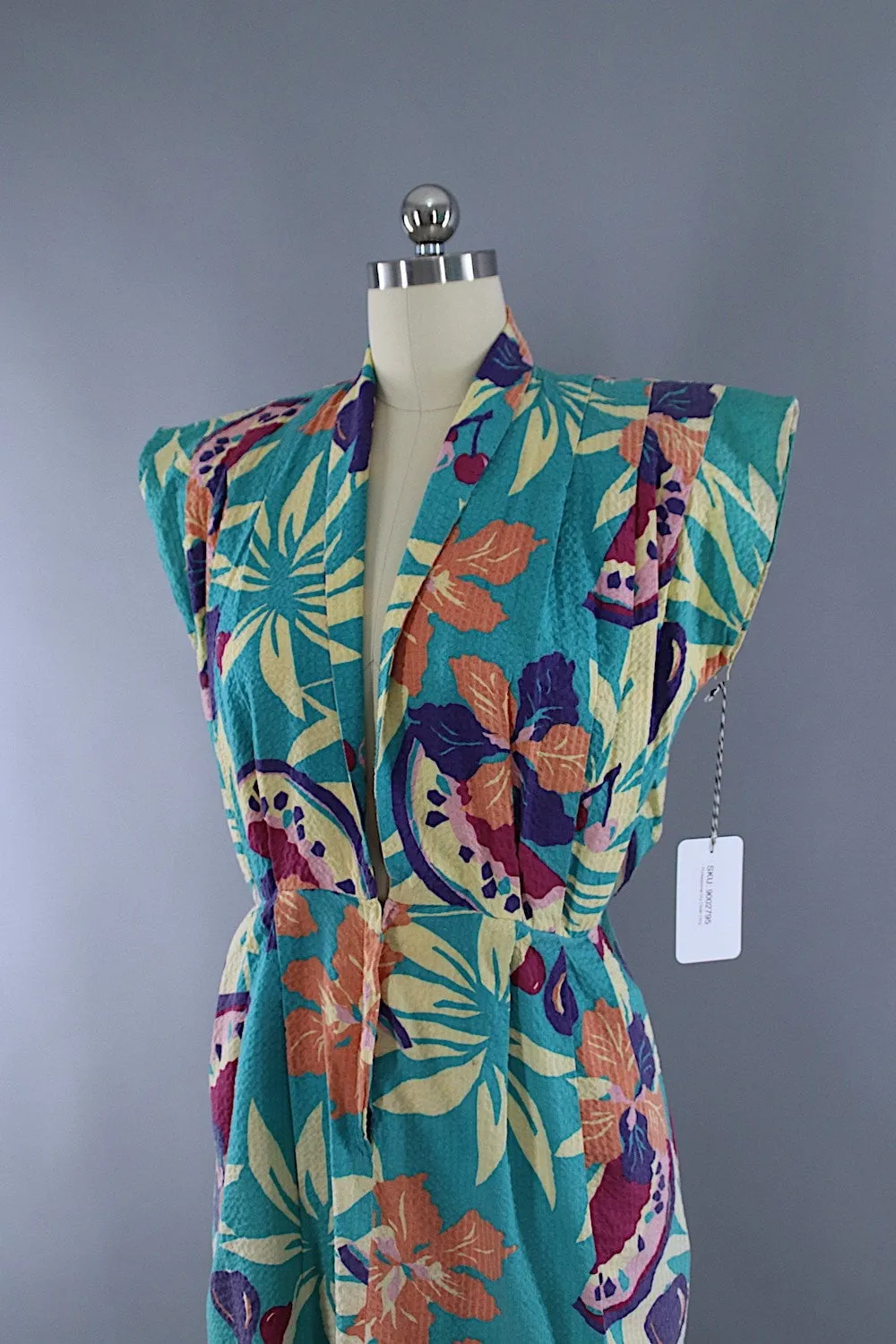 Vintage 1950s Day Dress / Aqua Green Floral Print Seersucker Cotton