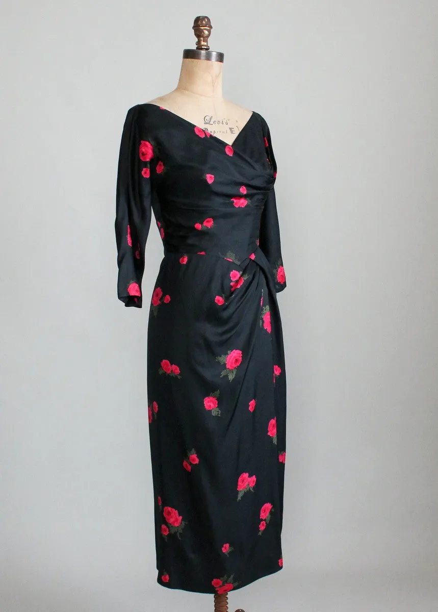 Vintage 1950s Red Rose Black Silk Cocktail Dress