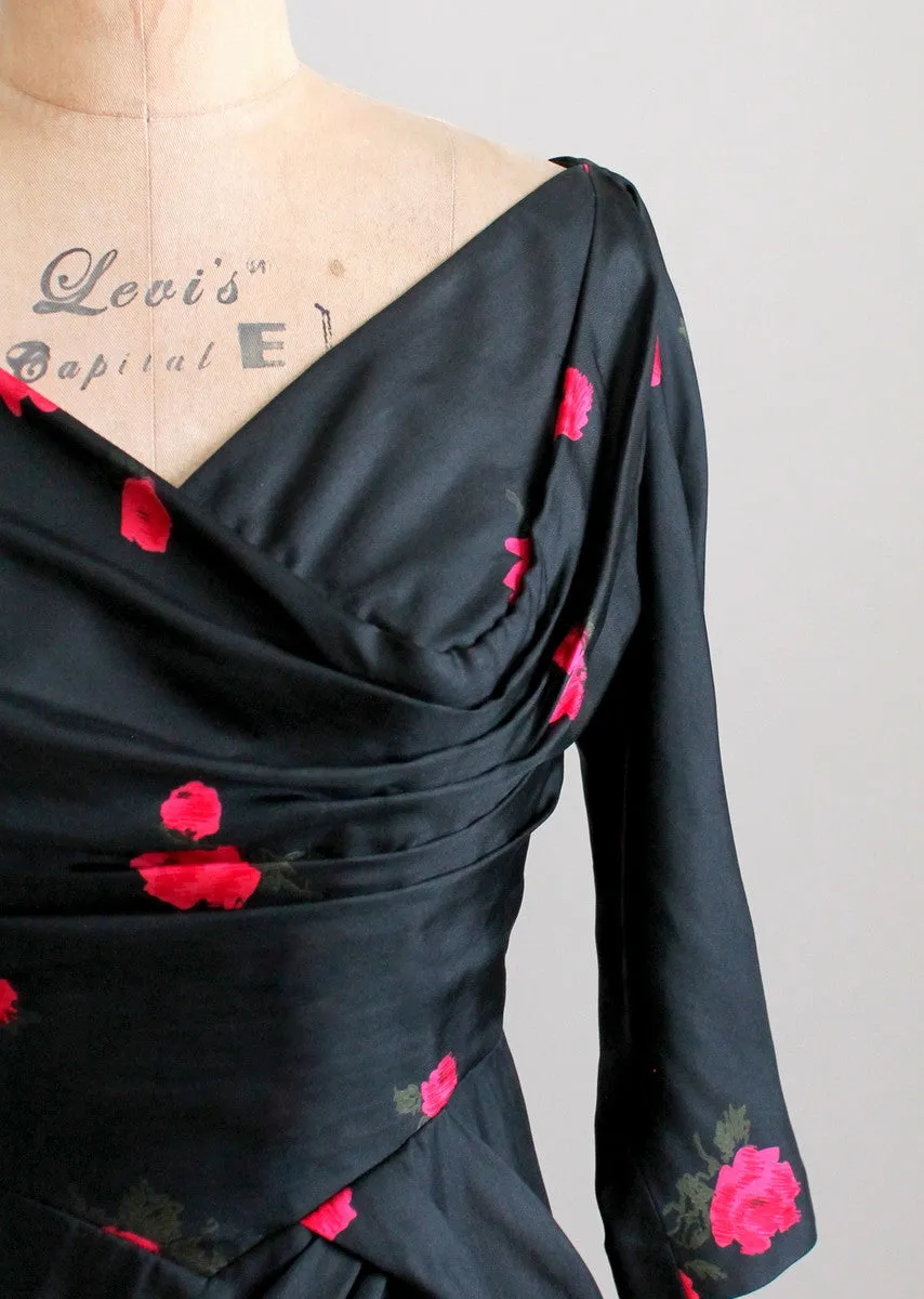 Vintage 1950s Red Rose Black Silk Cocktail Dress