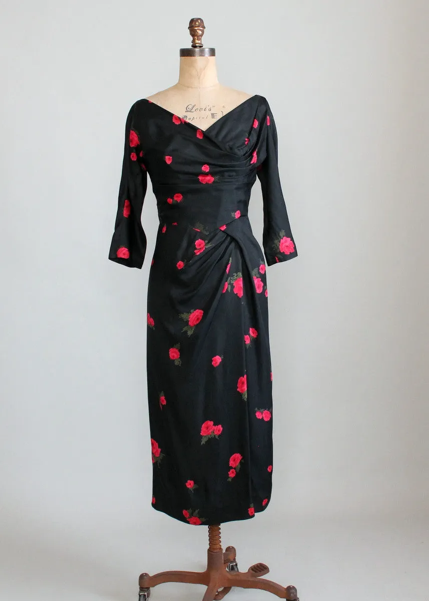 Vintage 1950s Red Rose Black Silk Cocktail Dress