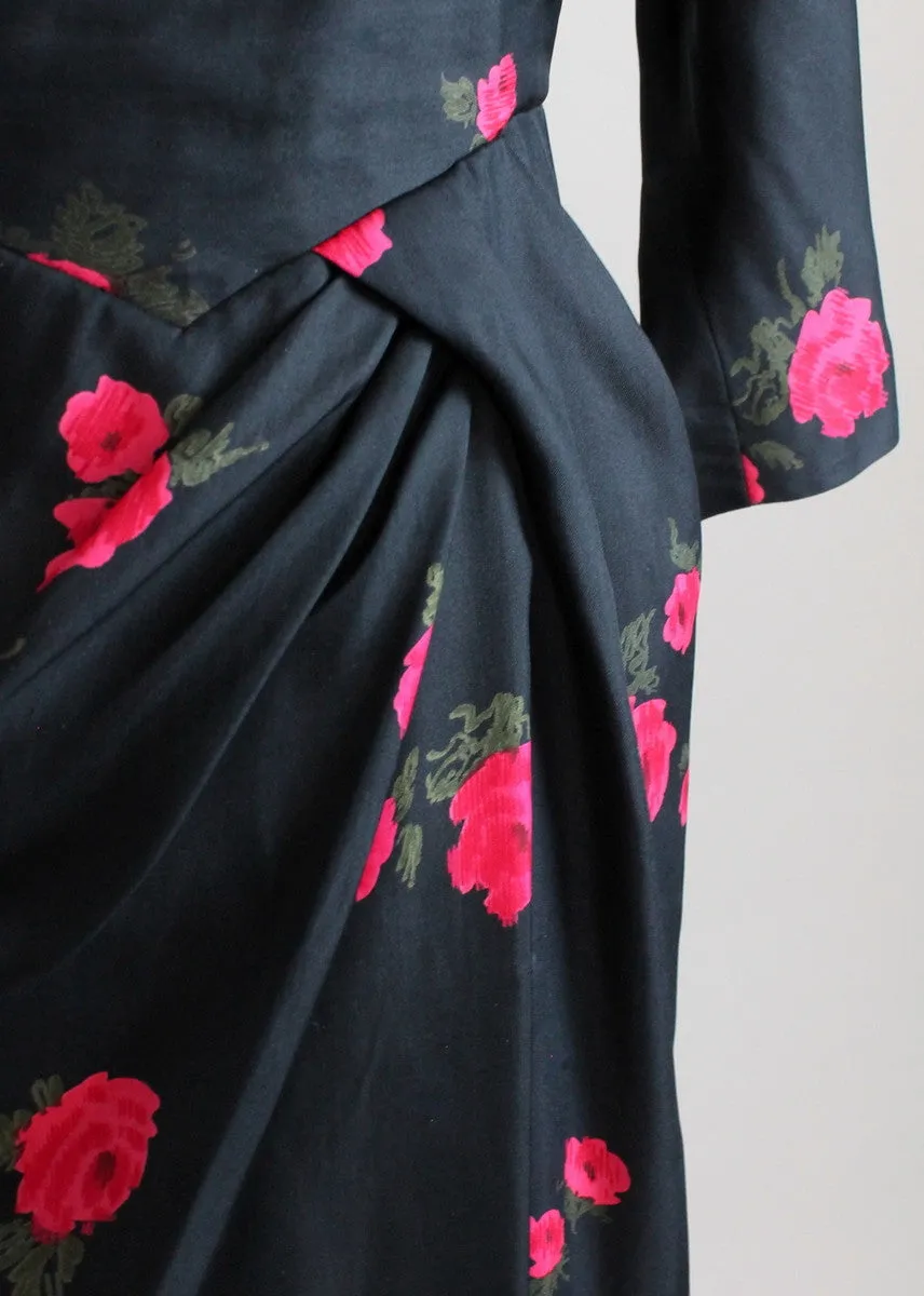 Vintage 1950s Red Rose Black Silk Cocktail Dress