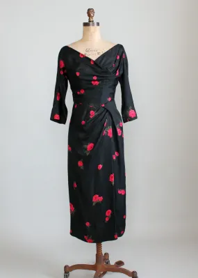 Vintage 1950s Red Rose Black Silk Cocktail Dress