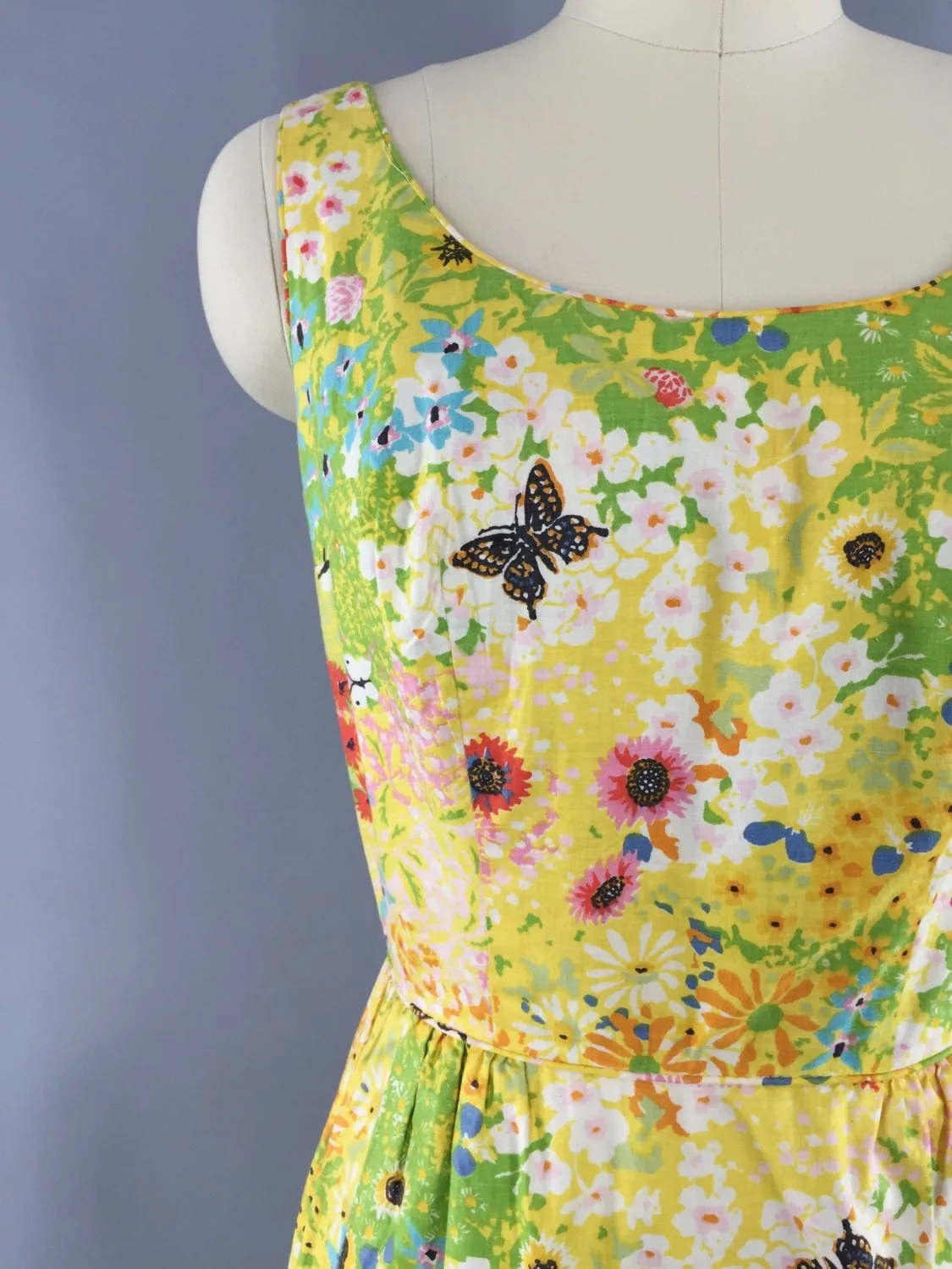 Vintage 1960s Dress / Yellow Butterfly Novelty Print