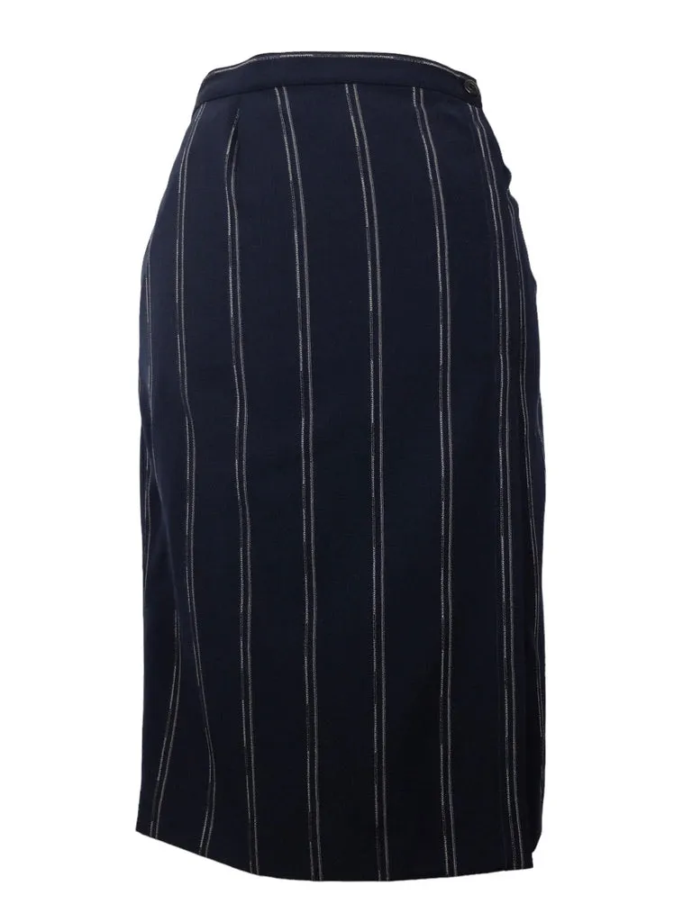 Vintage 80s Gianni Versace Navy Blue High Waisted Striped Straight Silhouette Below-the-Knee Pencil Skirt | 33 Inch Waist