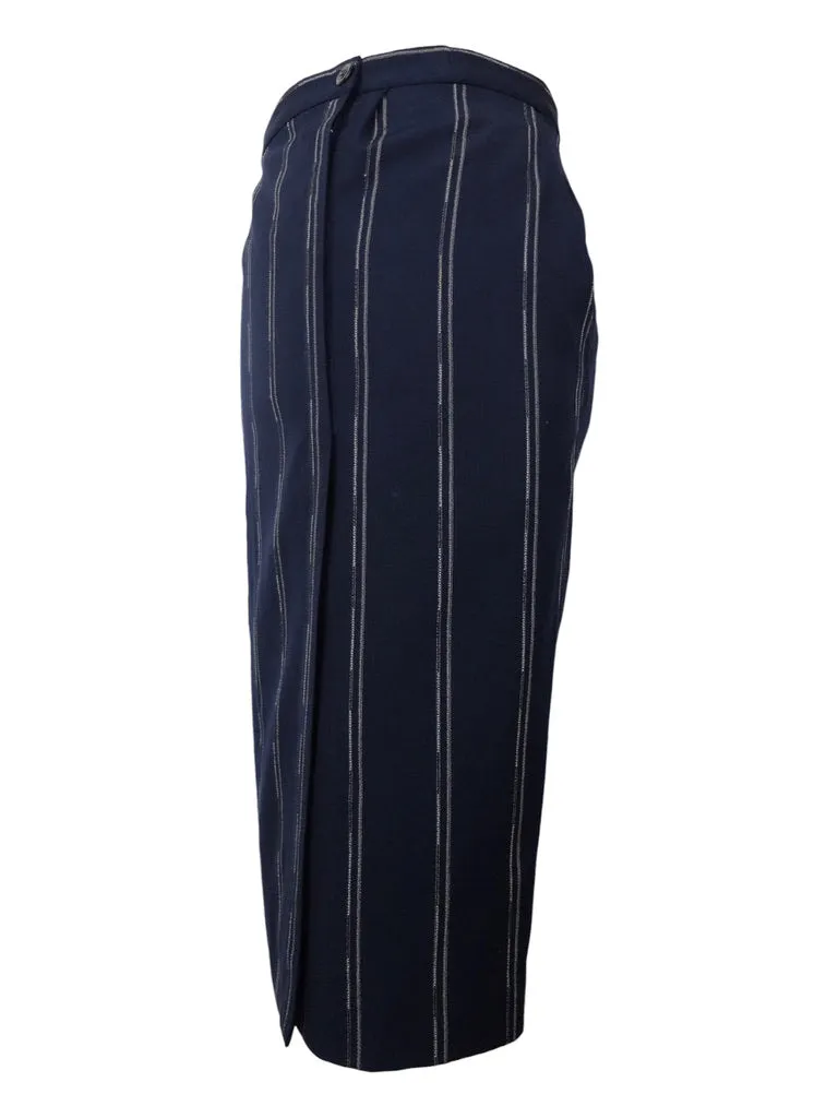 Vintage 80s Gianni Versace Navy Blue High Waisted Striped Straight Silhouette Below-the-Knee Pencil Skirt | 33 Inch Waist