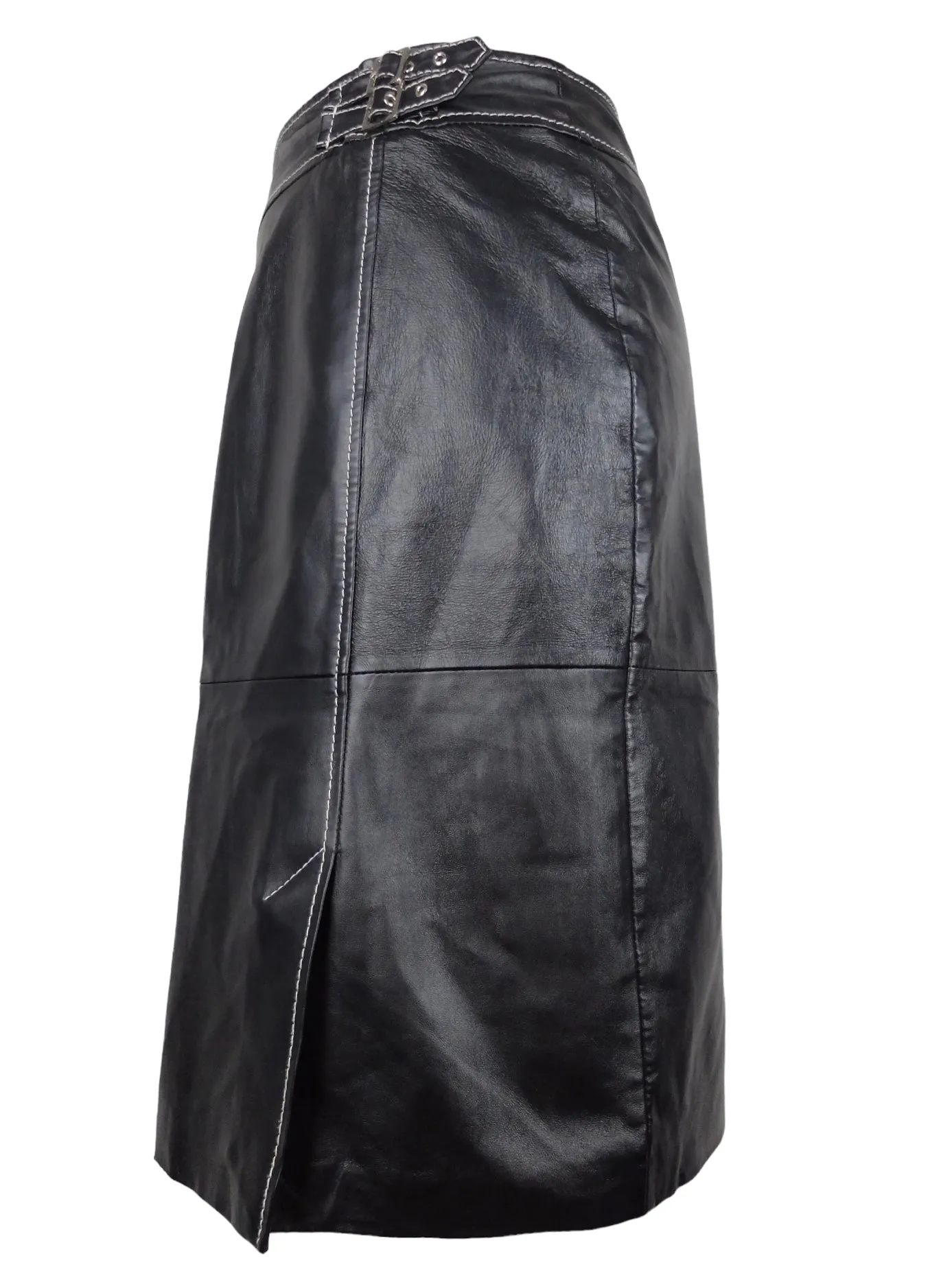 Vintage 90s Y2K Black Leather Grunge Punk Black Leather Moto Below-the-Knee Midi Pencil Skirt with Buckle Detail | 28 Inch Waist