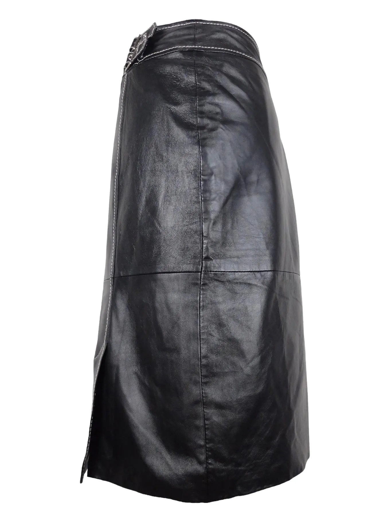 Vintage 90s Y2K Black Leather Grunge Punk Black Leather Moto Below-the-Knee Midi Pencil Skirt with Buckle Detail | 28 Inch Waist