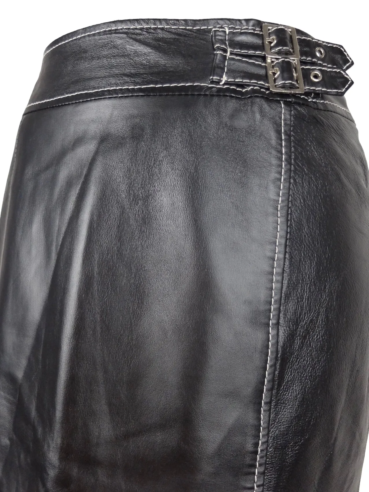 Vintage 90s Y2K Black Leather Grunge Punk Black Leather Moto Below-the-Knee Midi Pencil Skirt with Buckle Detail | 28 Inch Waist