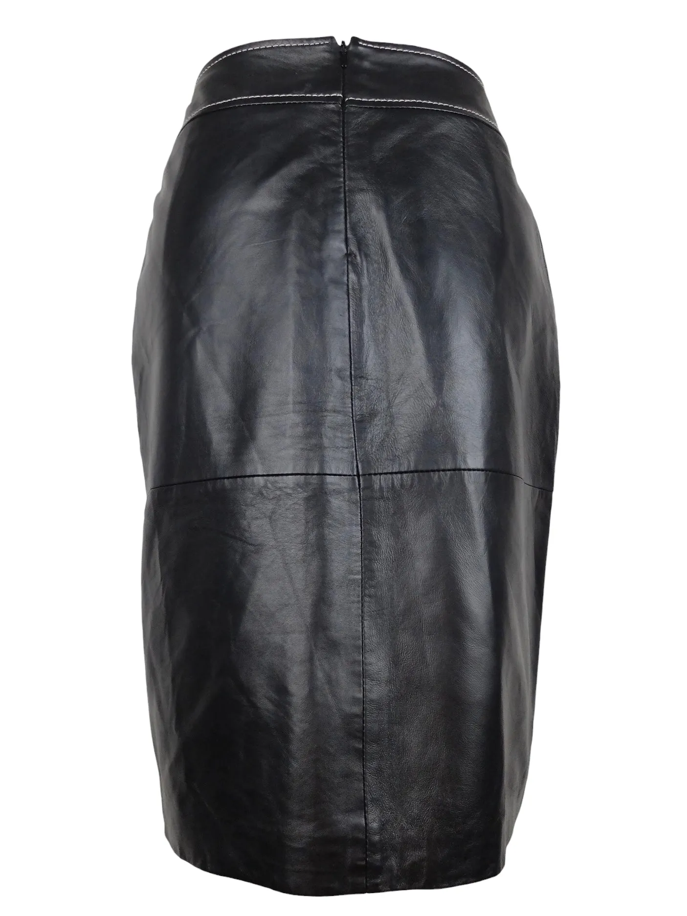 Vintage 90s Y2K Black Leather Grunge Punk Black Leather Moto Below-the-Knee Midi Pencil Skirt with Buckle Detail | 28 Inch Waist