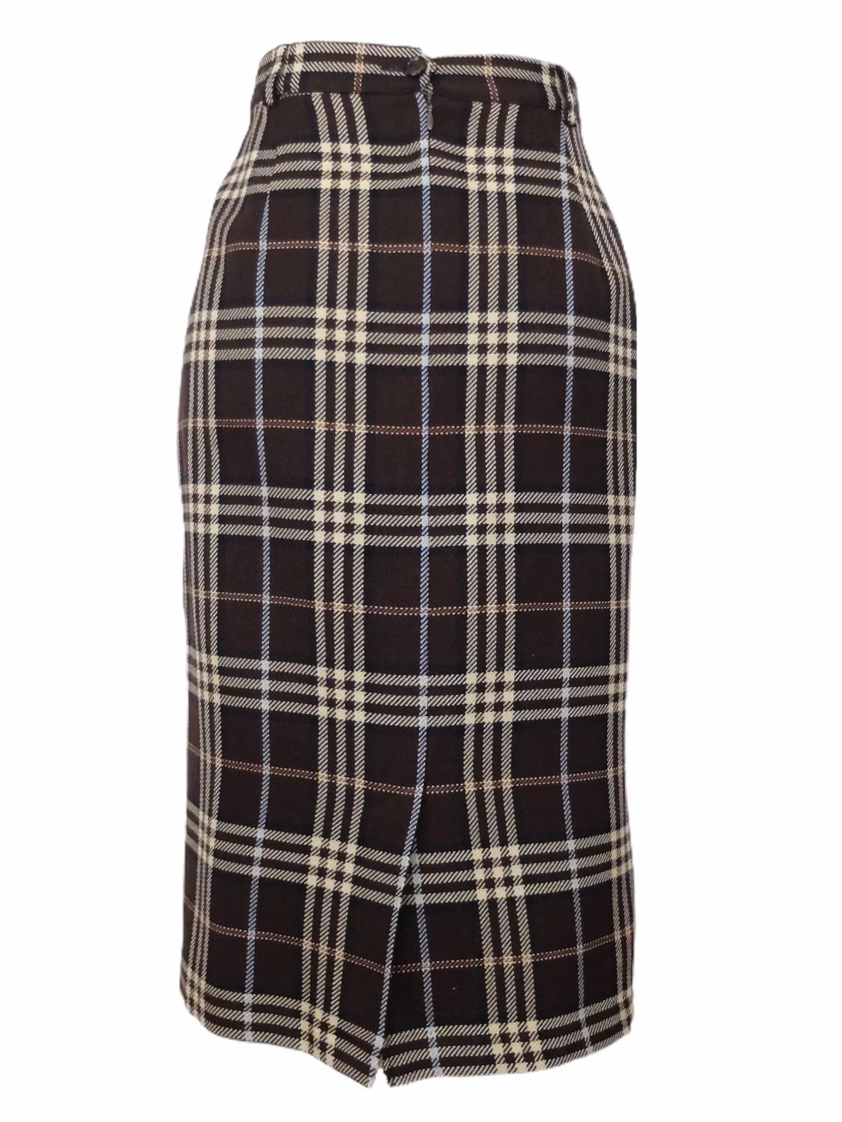 Vintage 90s Y2K Wool Schoolgirl Preppy Plaid Check Print High Waisted Pencil Midi Skirt with Back Slit | Size 14 UK, 10 US, 31.5 Inch Waist