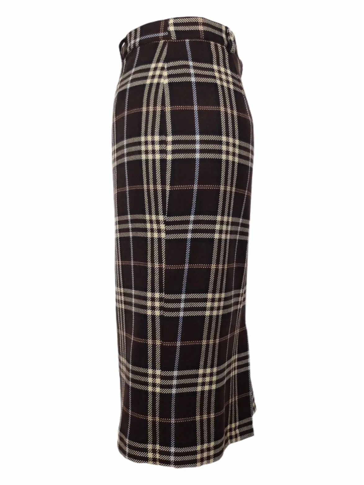 Vintage 90s Y2K Wool Schoolgirl Preppy Plaid Check Print High Waisted Pencil Midi Skirt with Back Slit | Size 14 UK, 10 US, 31.5 Inch Waist