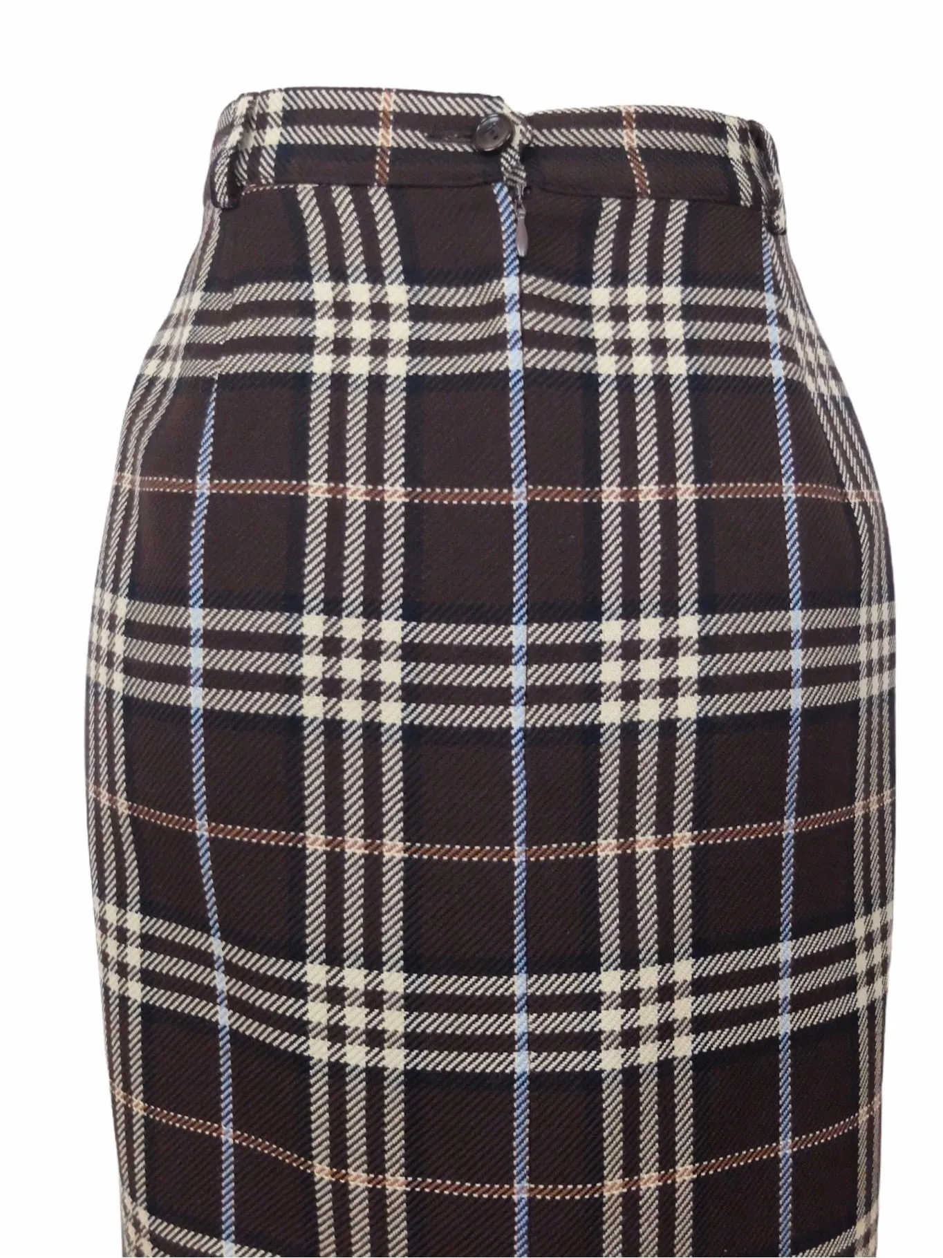 Vintage 90s Y2K Wool Schoolgirl Preppy Plaid Check Print High Waisted Pencil Midi Skirt with Back Slit | Size 14 UK, 10 US, 31.5 Inch Waist