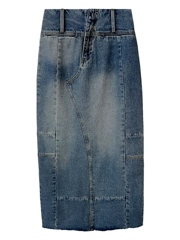 Vintage Blue Panel Zip Pocket Split Hem Denim Midi Skirt