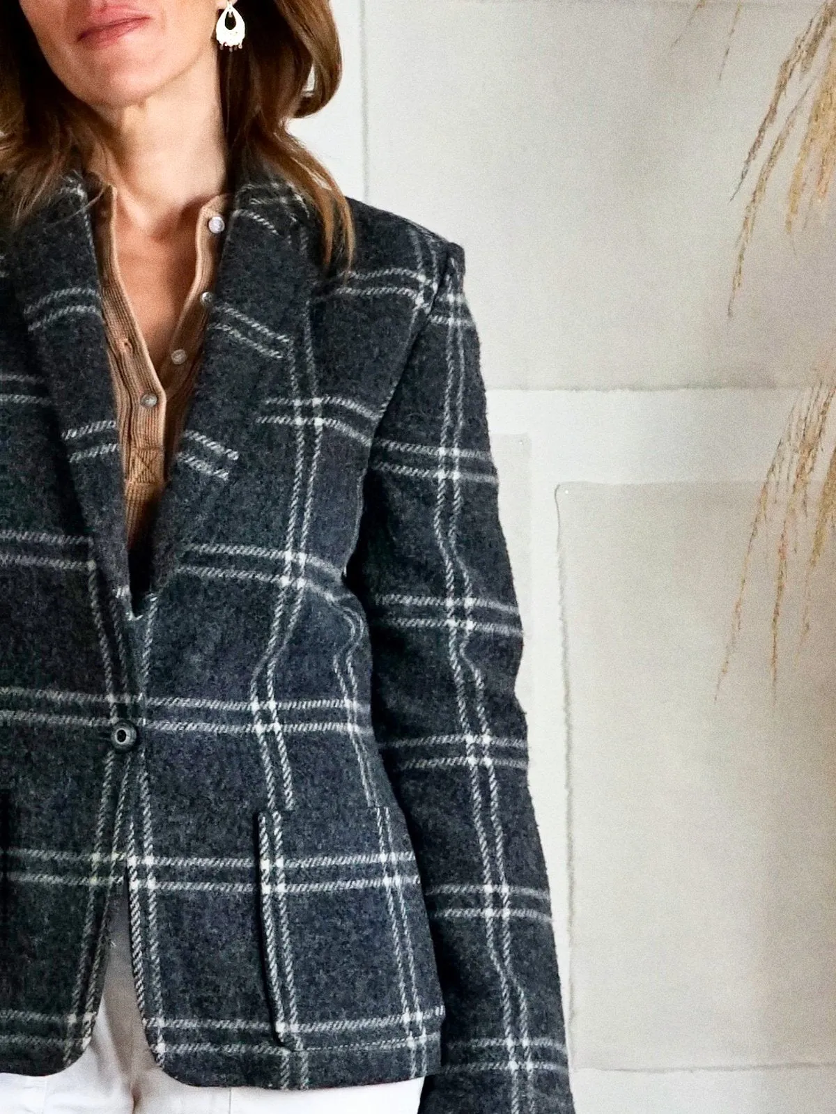 Vintage Slate Plaid Wool Blazer Jacket