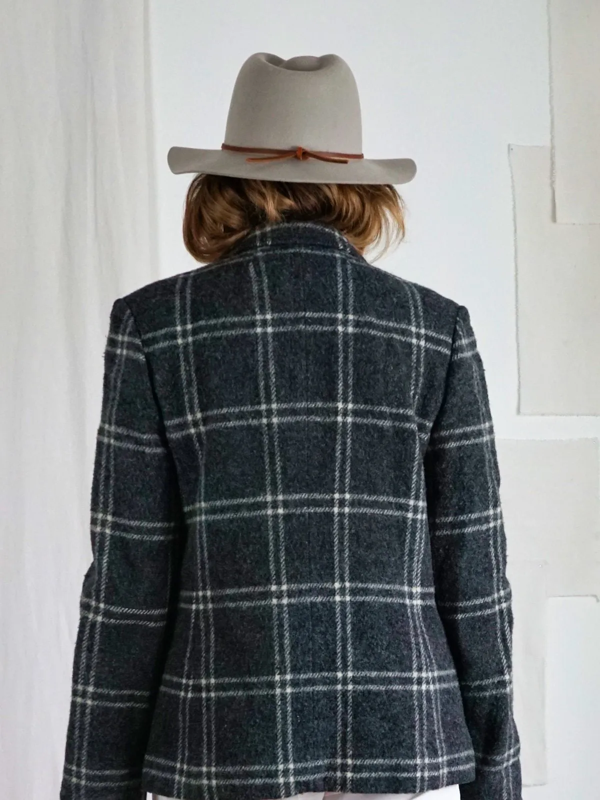 Vintage Slate Plaid Wool Blazer Jacket