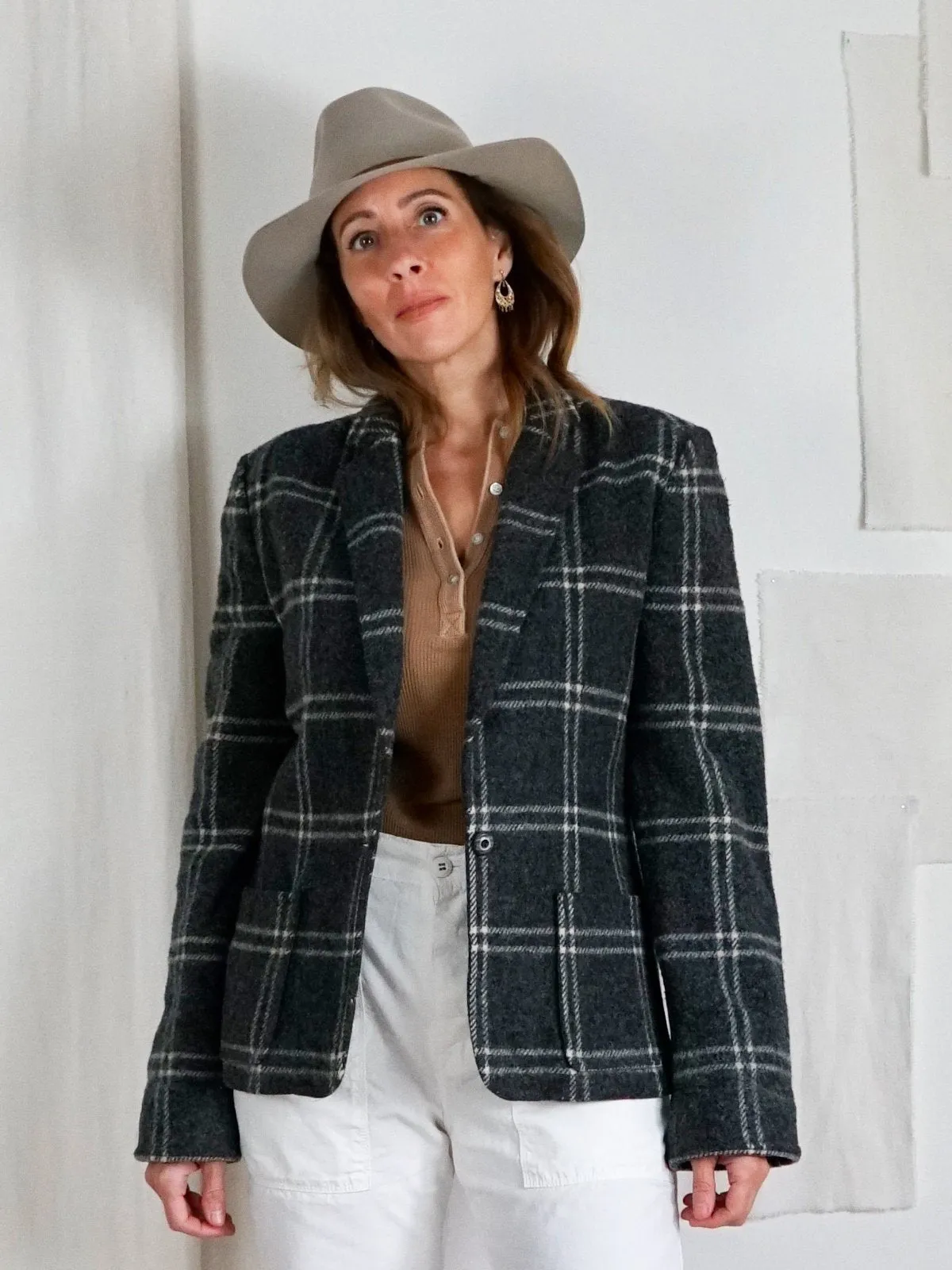 Vintage Slate Plaid Wool Blazer Jacket