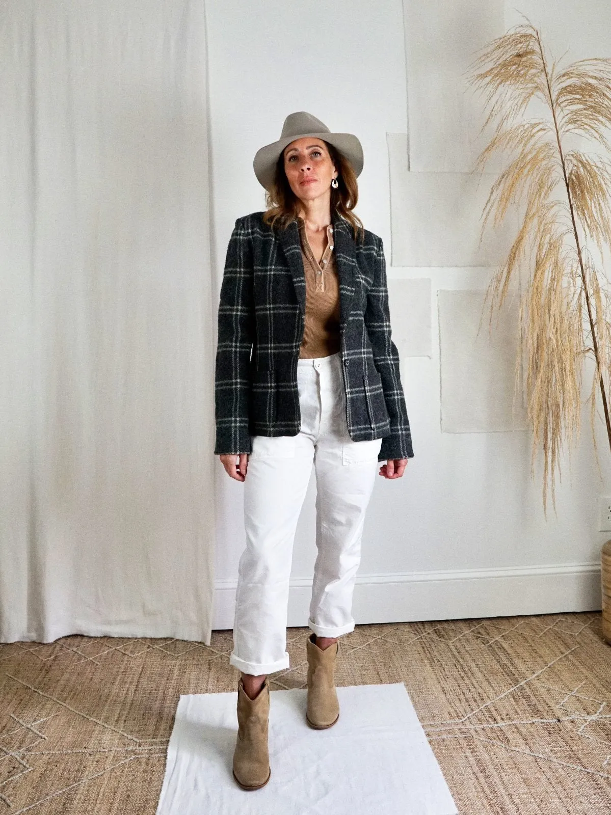 Vintage Slate Plaid Wool Blazer Jacket