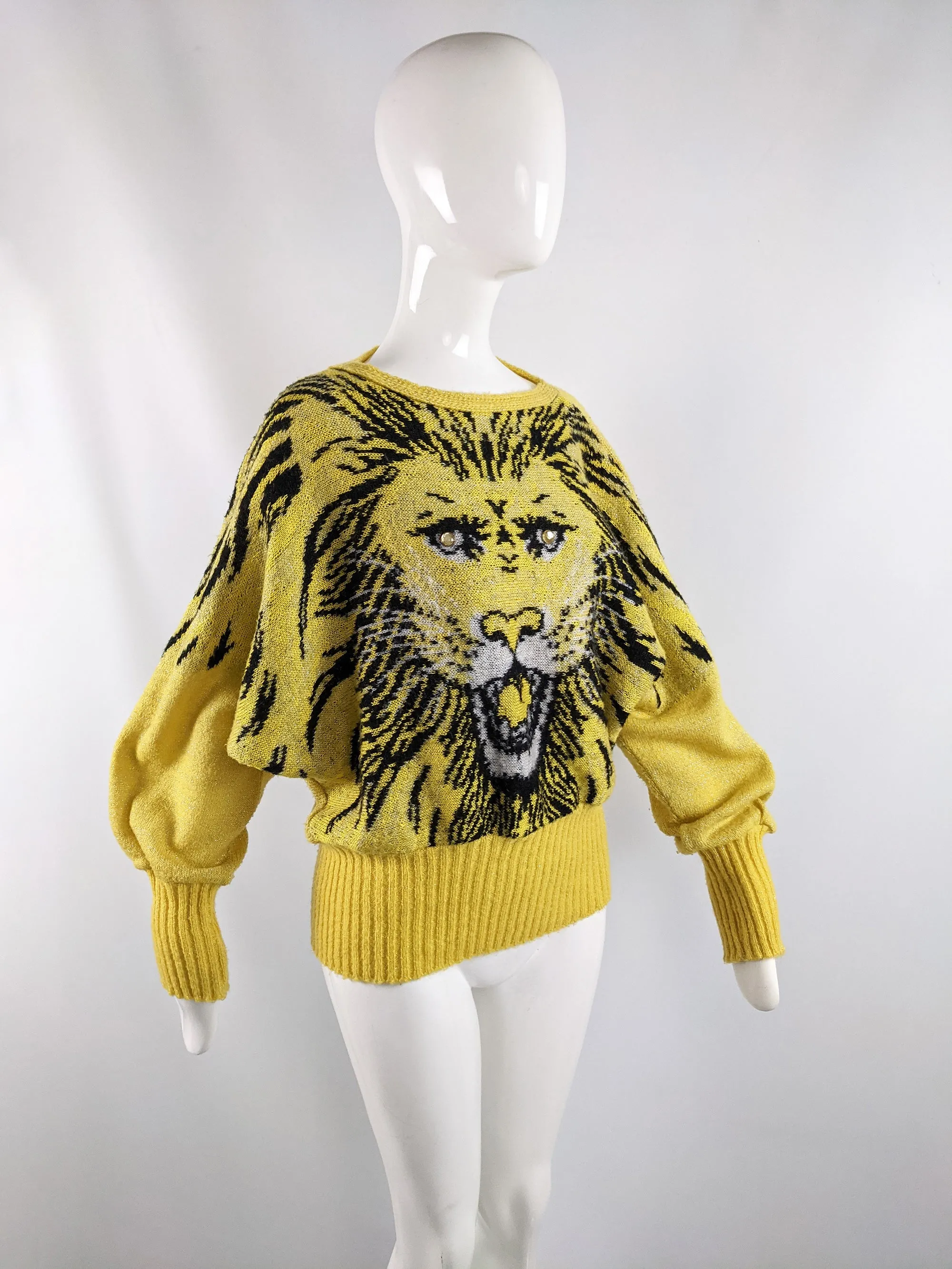 Vintage Yellow Mohair Wool & Acrylic Knit Lion Face Jumper, 1980s