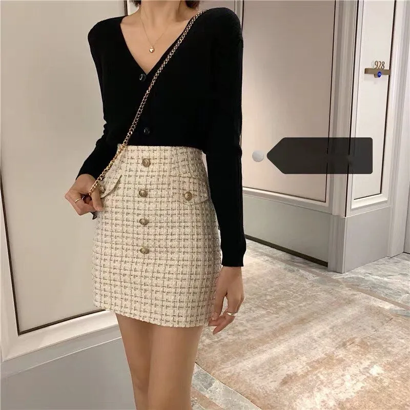 Wenkouban Plaid Tweed Skirts Office Lady High Waist Mini Skirt Woolen Clubwear Vintage Buttons Black White Zipper Shorts Skirt