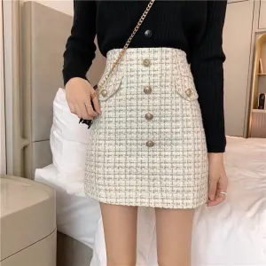 Wenkouban Plaid Tweed Skirts Office Lady High Waist Mini Skirt Woolen Clubwear Vintage Buttons Black White Zipper Shorts Skirt