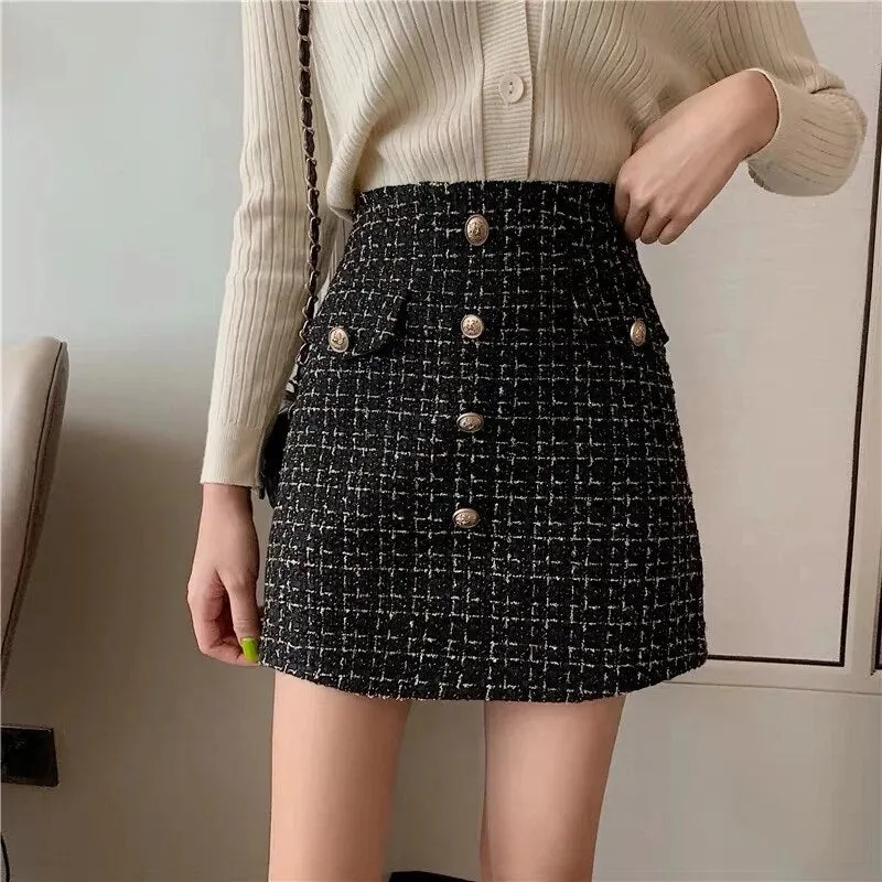 Wenkouban Plaid Tweed Skirts Office Lady High Waist Mini Skirt Woolen Clubwear Vintage Buttons Black White Zipper Shorts Skirt