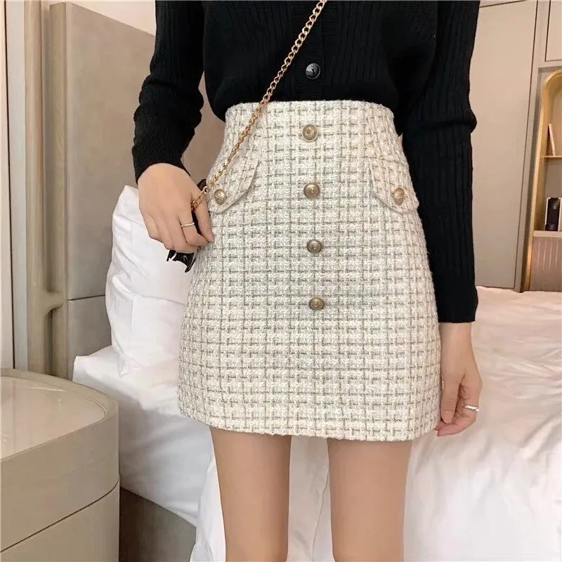 Wenkouban Plaid Tweed Skirts Office Lady High Waist Mini Skirt Woolen Clubwear Vintage Buttons Black White Zipper Shorts Skirt