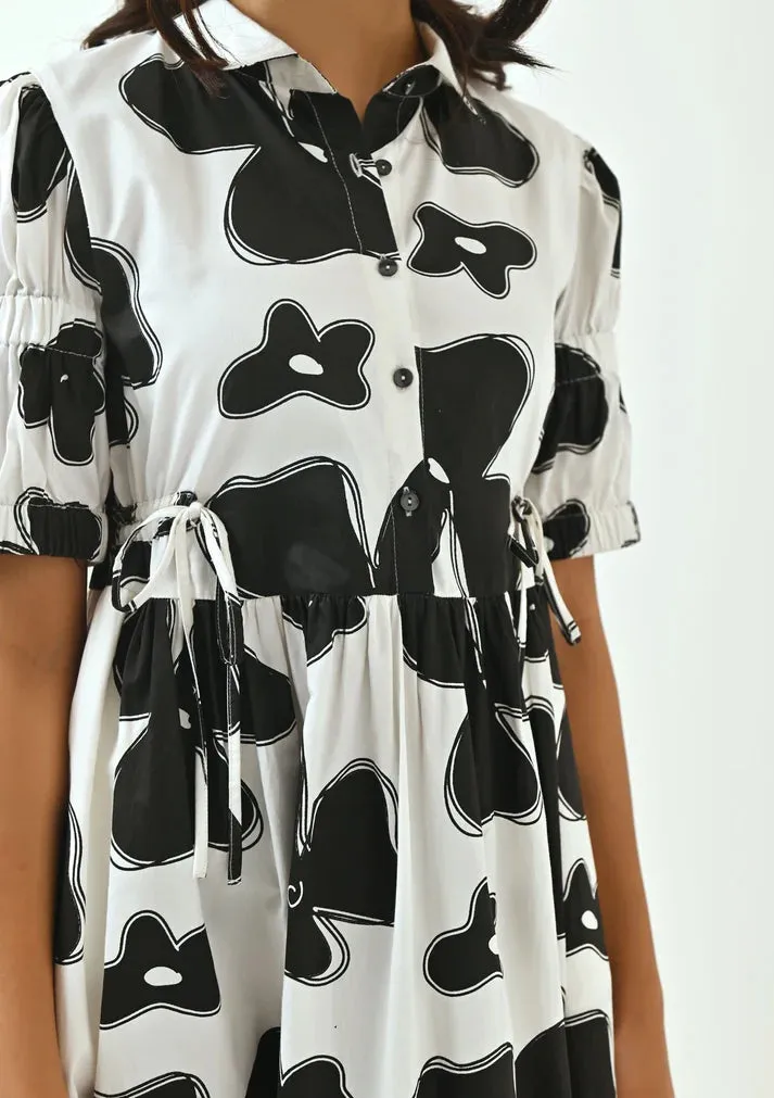 White & Black Floral Ladies Casual Dress