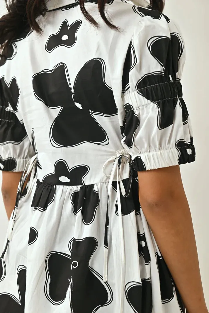 White & Black Floral Ladies Casual Dress